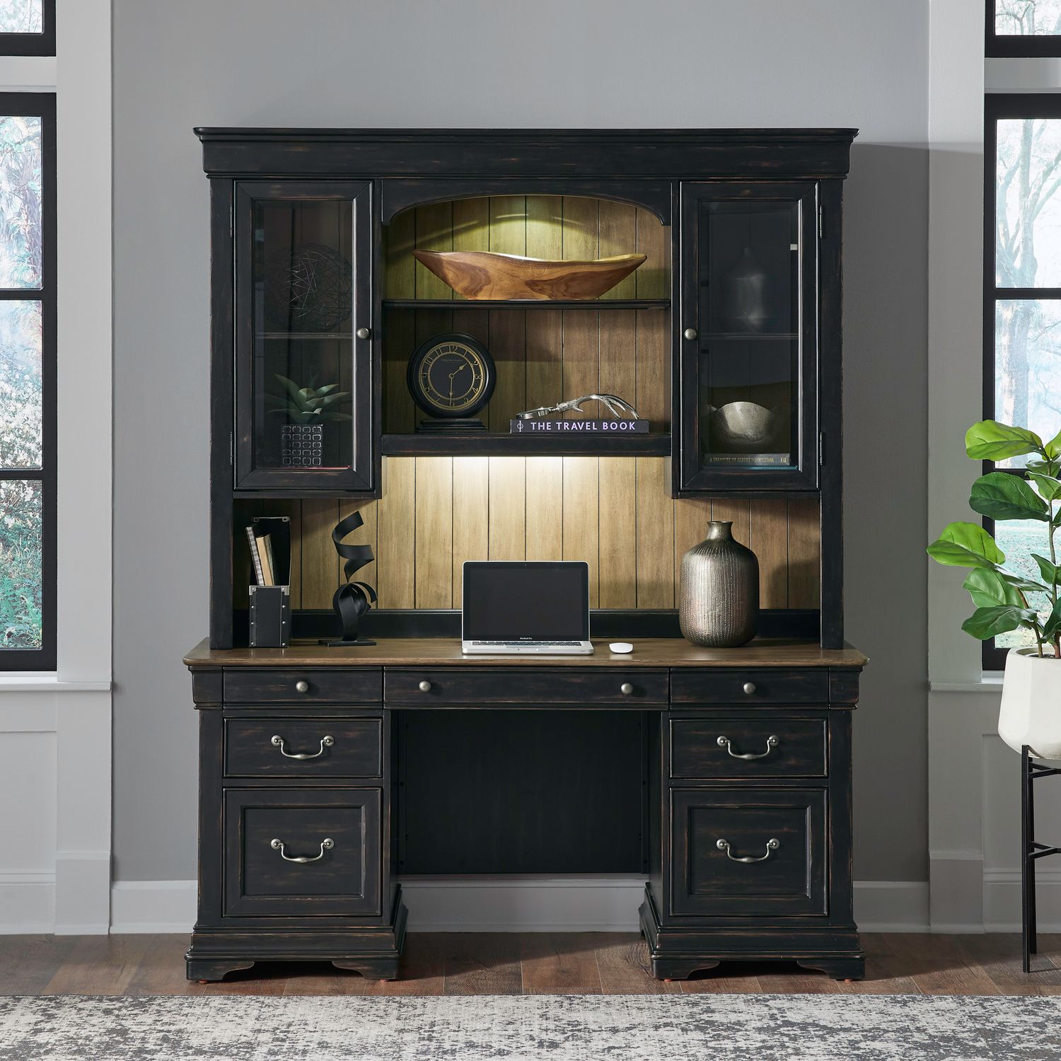 Meritage Wood 7-Drawer Credenza & 2-Door Hutch w/LED Lighting