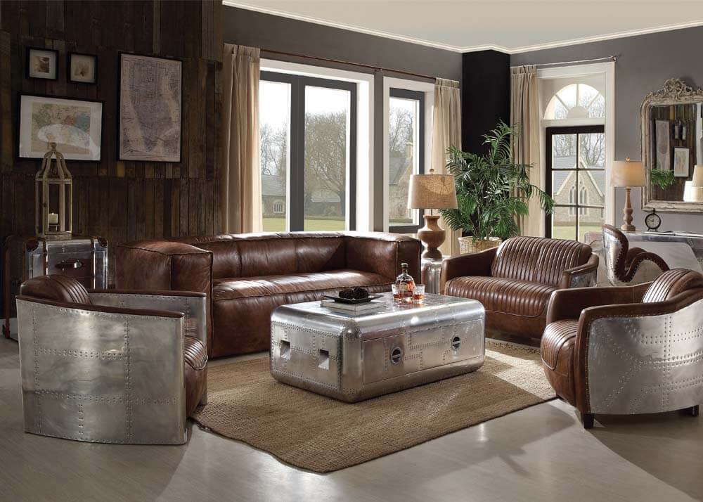Brancaster Vintage Top Grain Leather/Aluminum Living Room Set