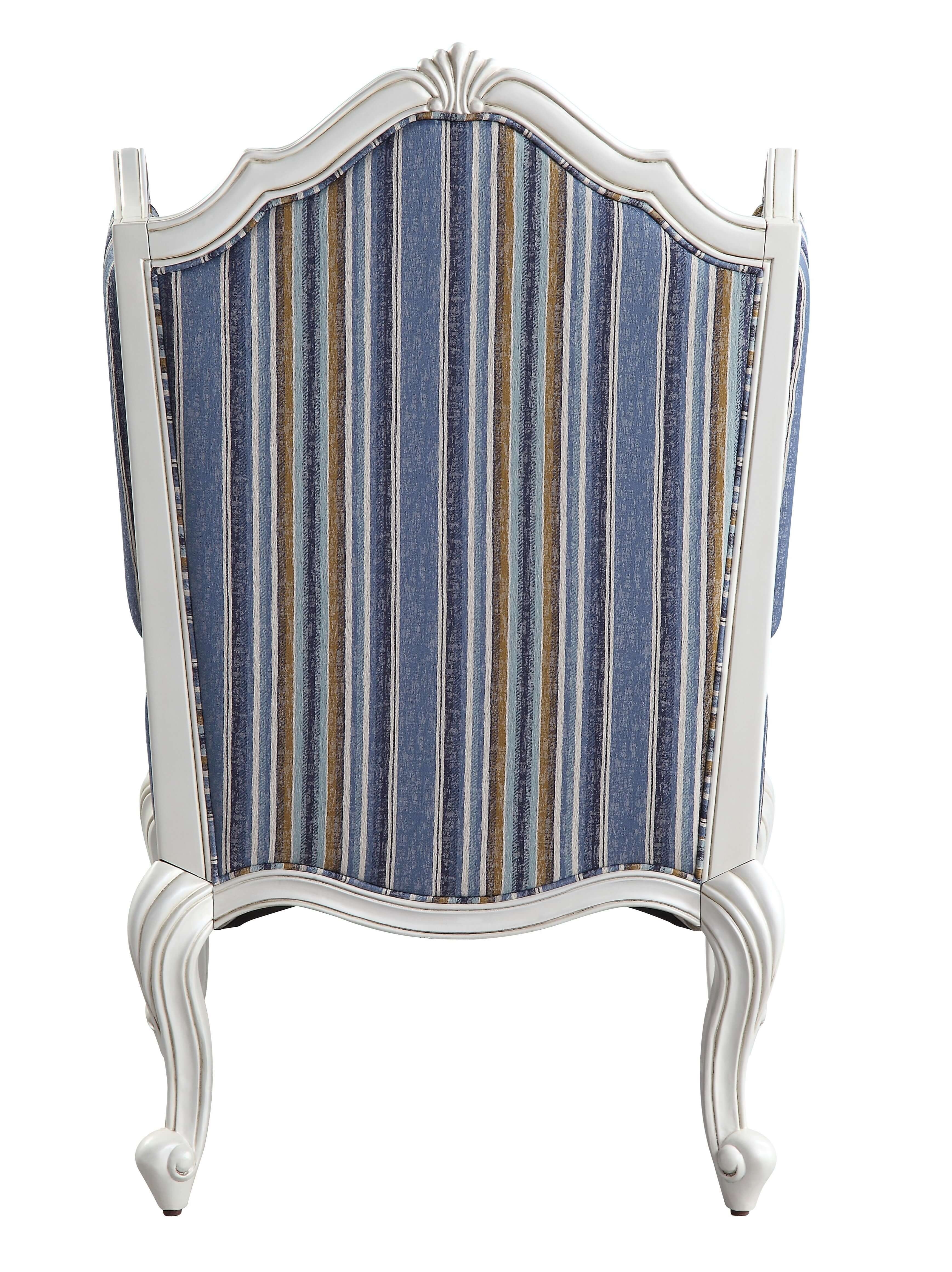 Blue White And Brown Fabric And White Striped Wingback Chair