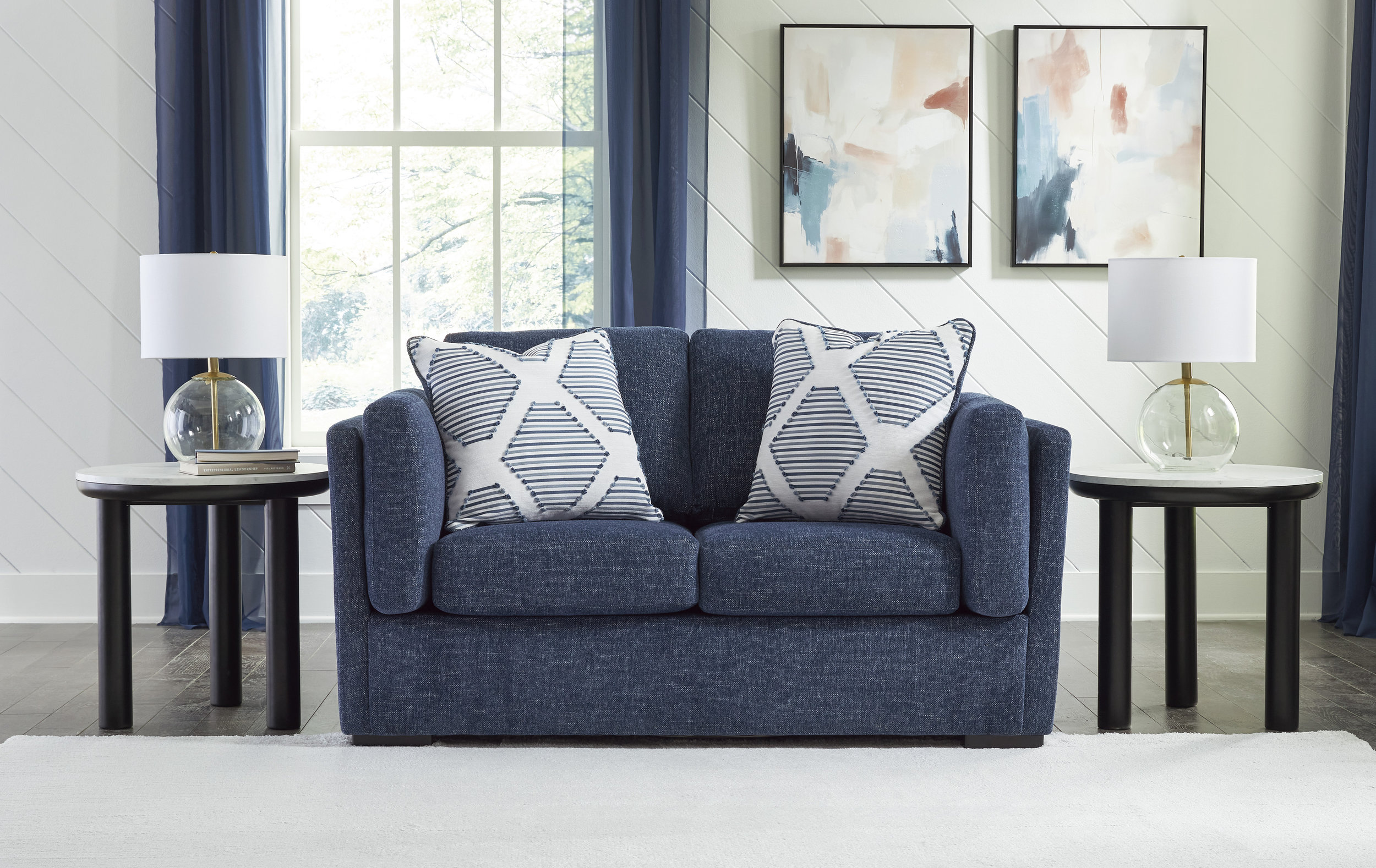 Evansley Casual Navy Loveseat | Machine-Washable Performance Fabric