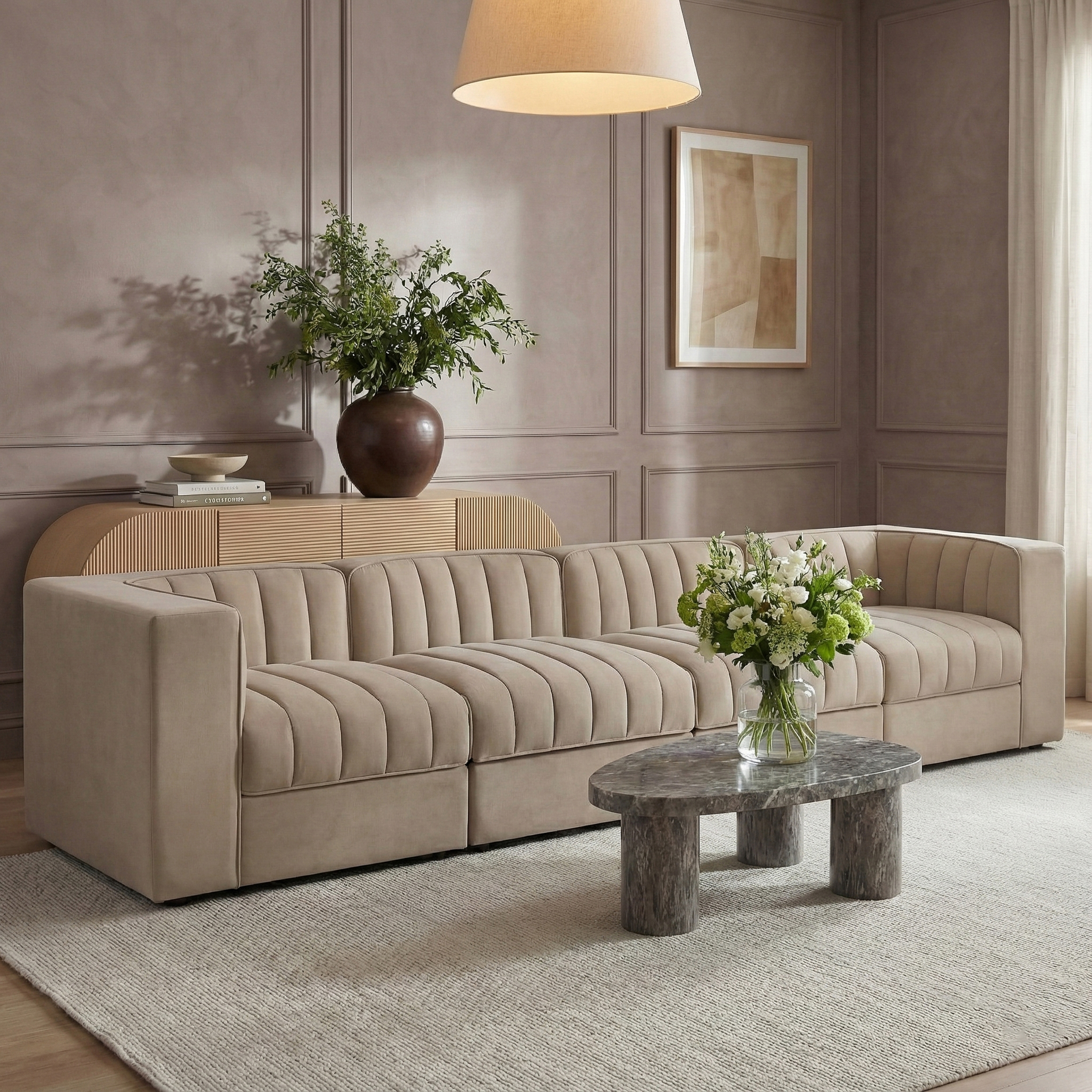 Rummi 126-inch Velvet Performance Fabric Upholstered 4-Piece Modular Sofa