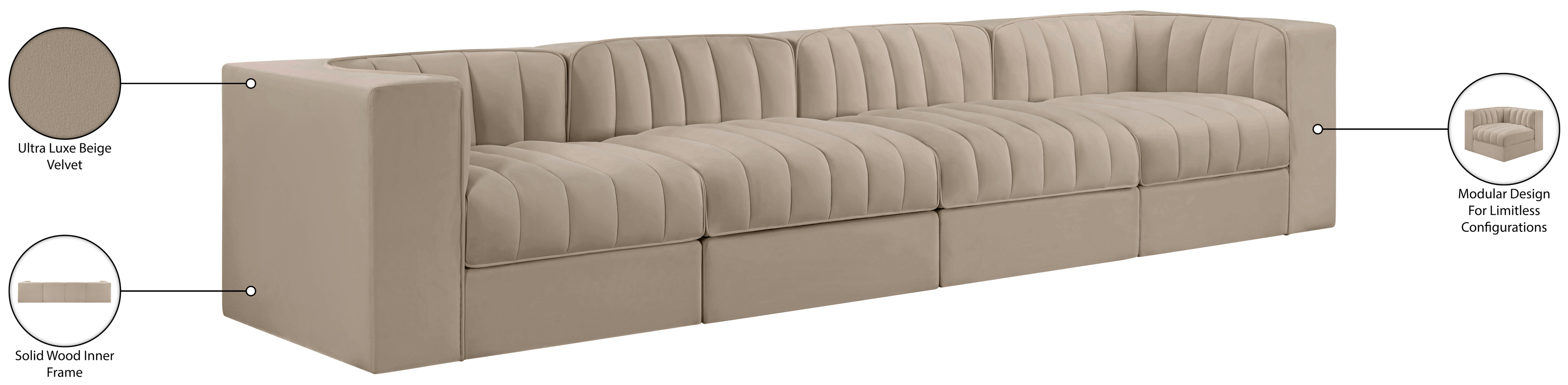 Rummi 126-inch Velvet Performance Fabric Upholstered 4-Piece Modular Sofa