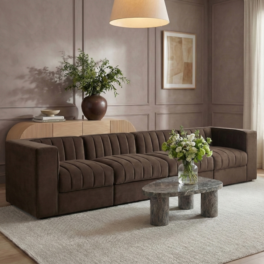 Rummi 126-inch Velvet Performance Fabric Upholstered 4-Piece Modular Sofa