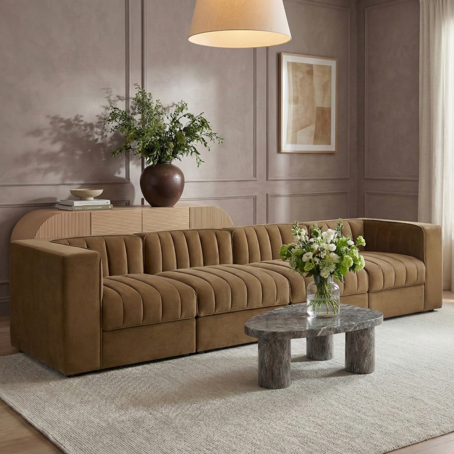 Rummi 126-inch Velvet Performance Fabric Upholstered 4-Piece Modular Sofa