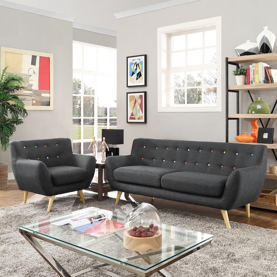 Remark 2 Piece Tufted Fabric Living Room Set w/Sofa and Armchair, Gray by Modway Furniture