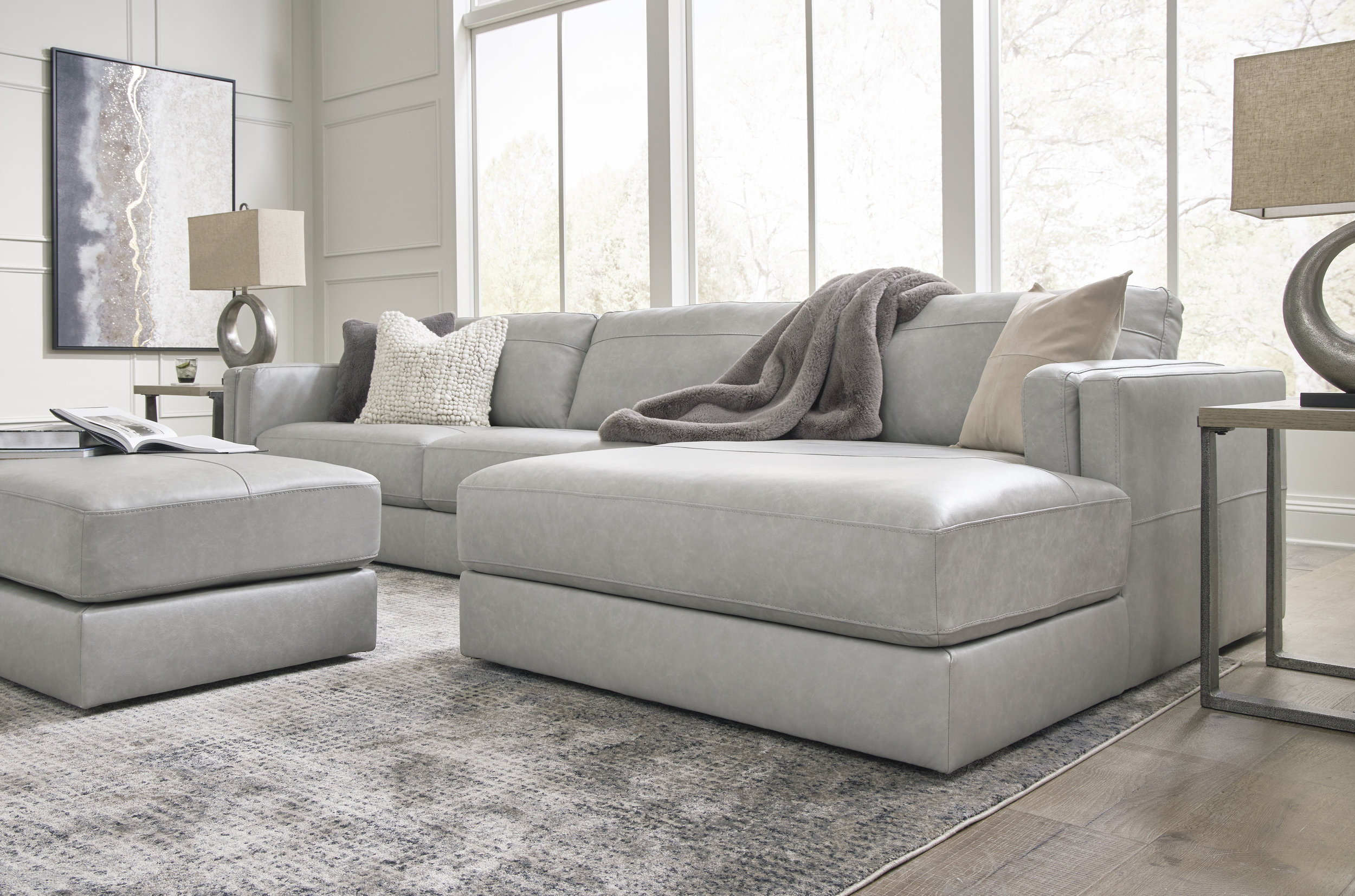 Amiata 43" Rectangular Genuine Leather Ottoman - Glacier Gray