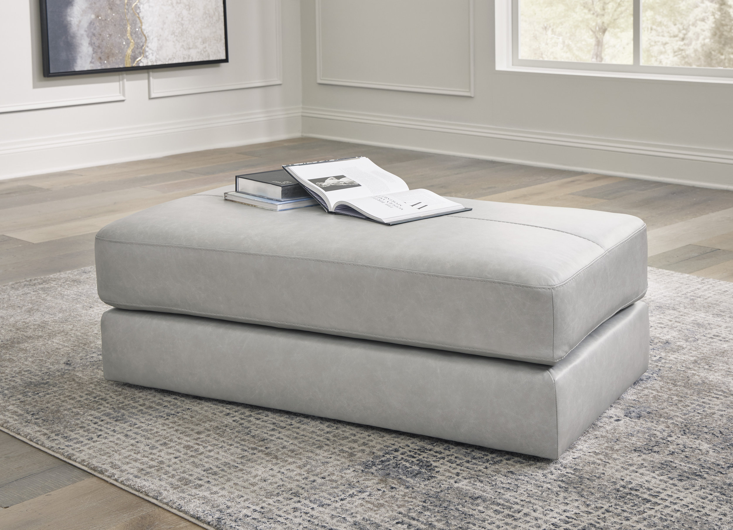 Amiata 43" Rectangular Genuine Leather Ottoman - Glacier Gray
