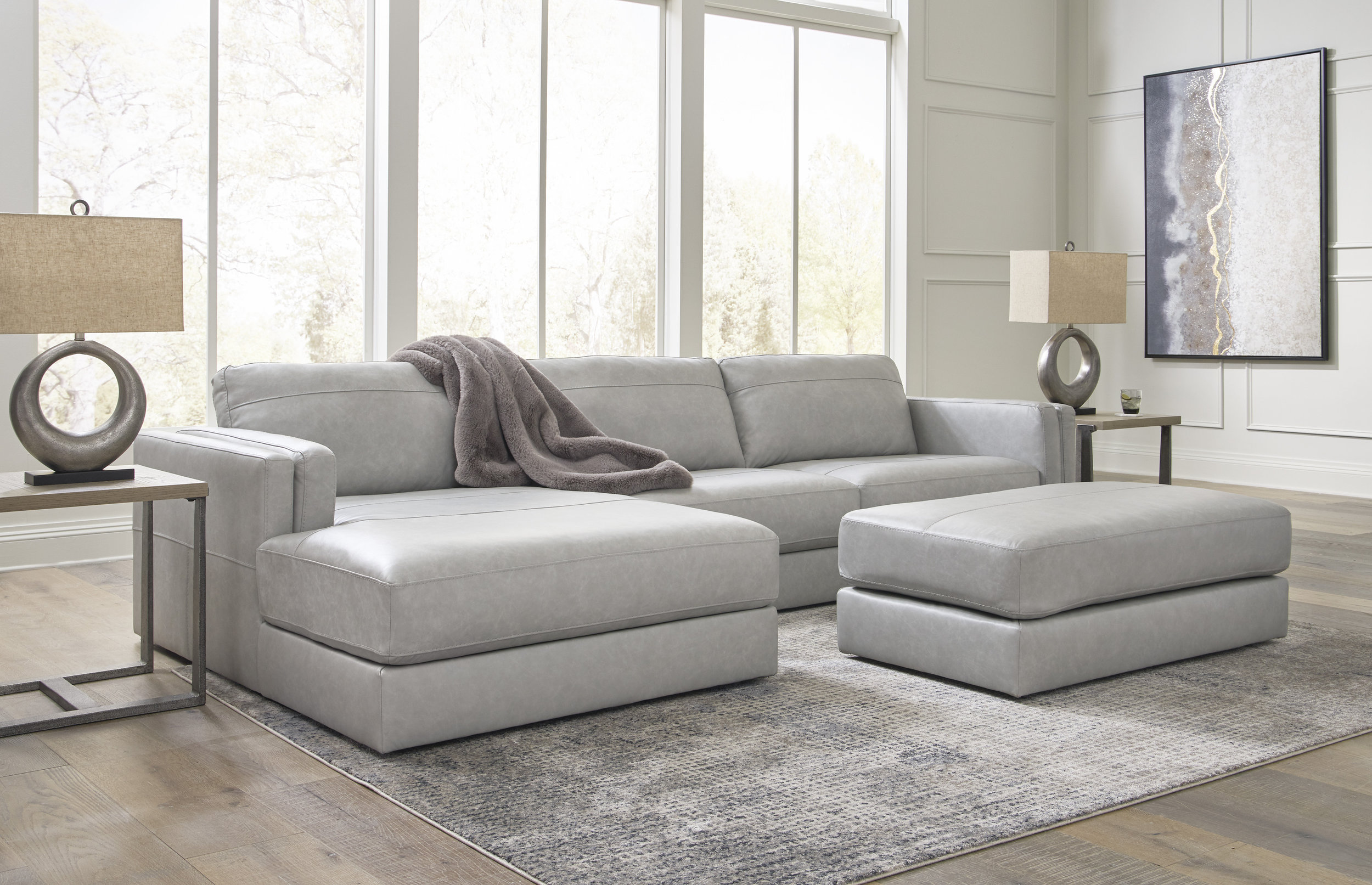 Amiata 43" Rectangular Genuine Leather Ottoman - Glacier Gray