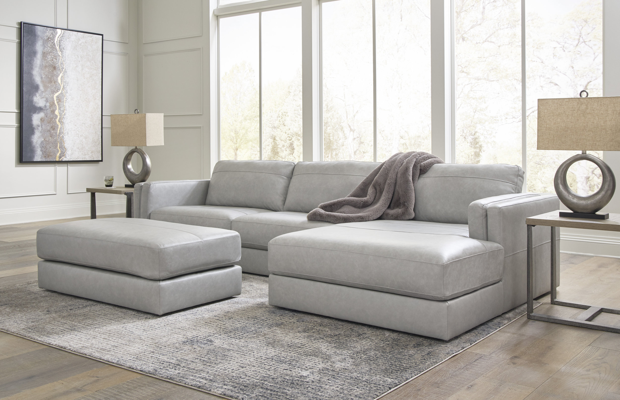 Amiata 43" Rectangular Genuine Leather Ottoman - Glacier Gray
