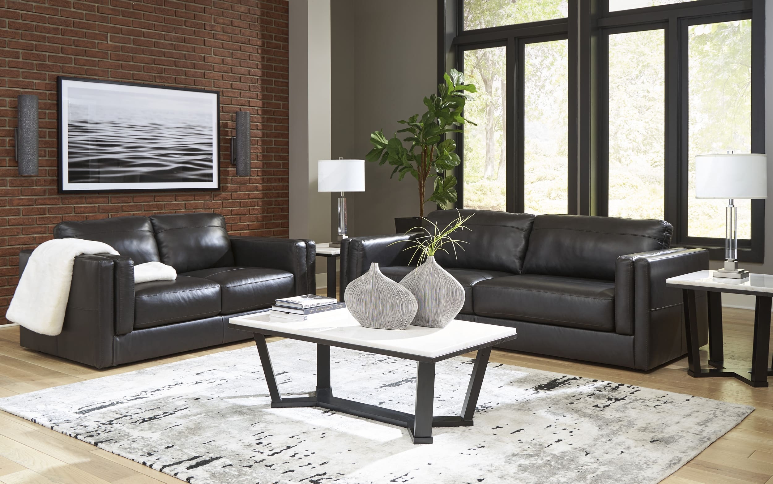 Ashley Amiata Black Leather Sofa, Loveseat And Center Table