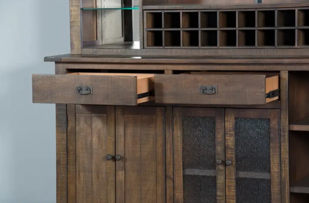 SM Homestead Wood Buffet & Hutch w/4 Doors, 2 Drawers, 20 Wine Bottle Storage & LED Light