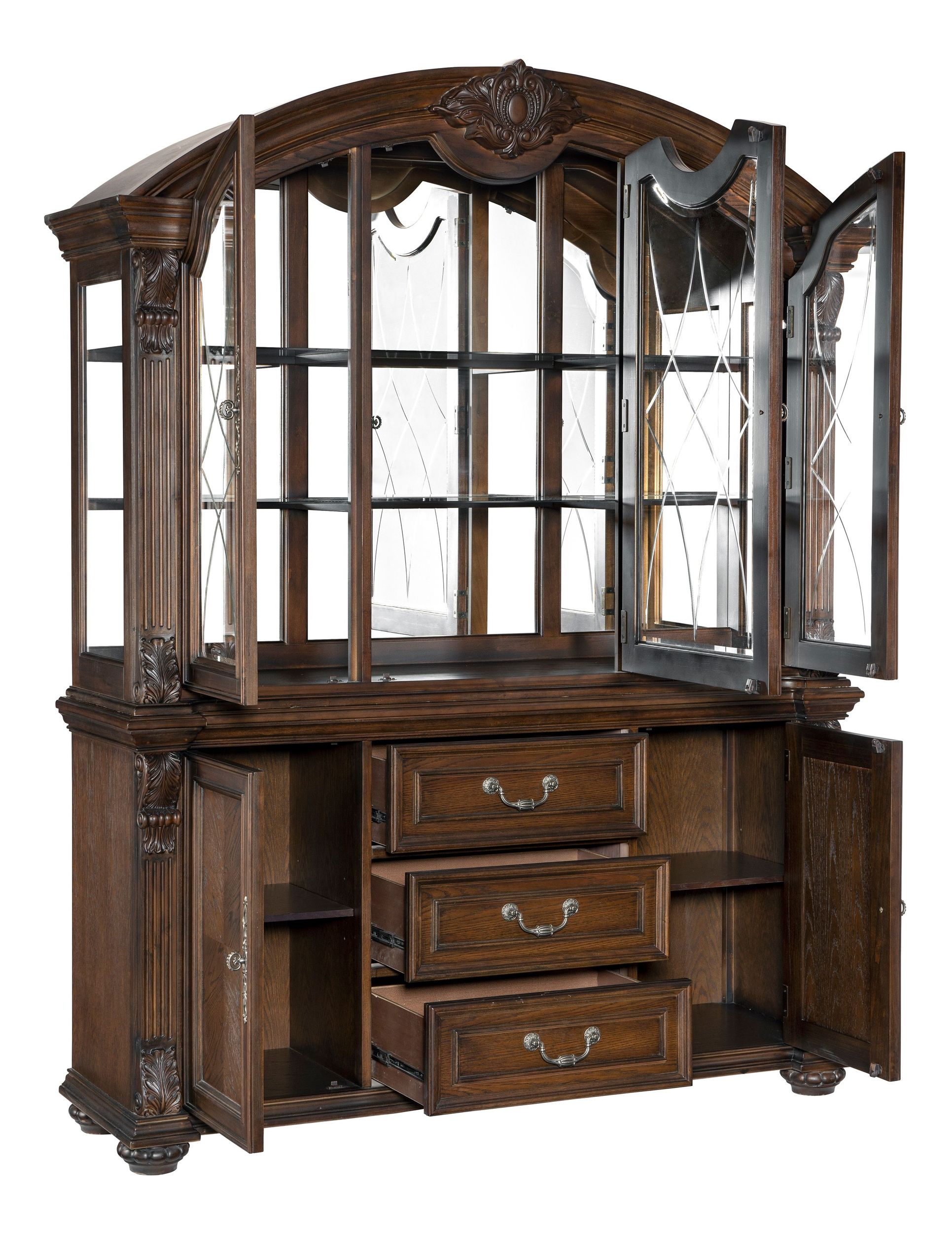Bergen Wood/Glass Buffet & Hutch with 5 Doors & 3 Drawers