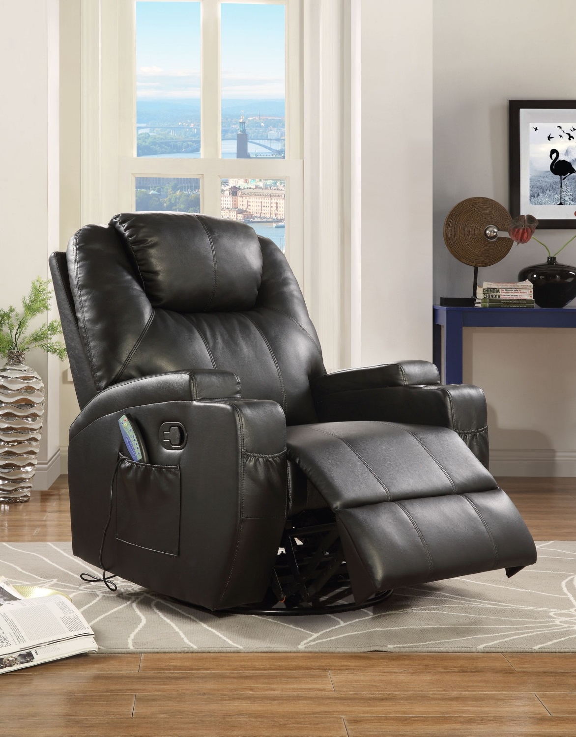 Waterlily Bonded Leather Swivel Rocker Recliner w/Massage