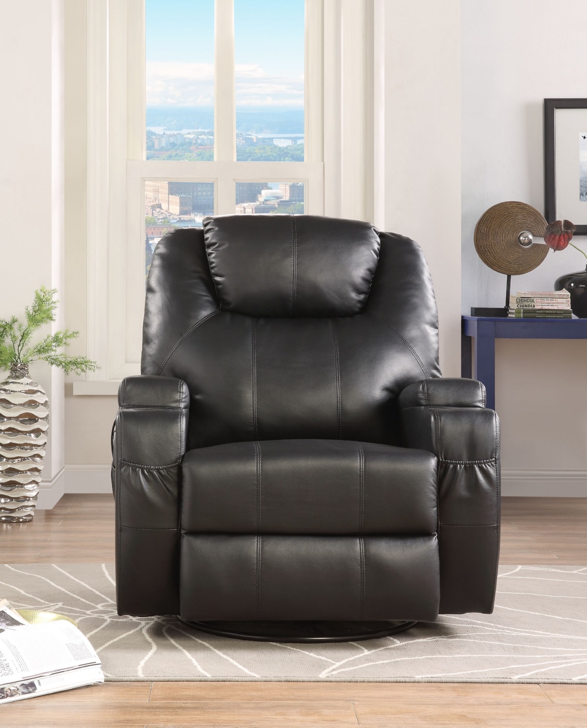 Waterlily Bonded Leather Swivel Rocker Recliner w/Massage