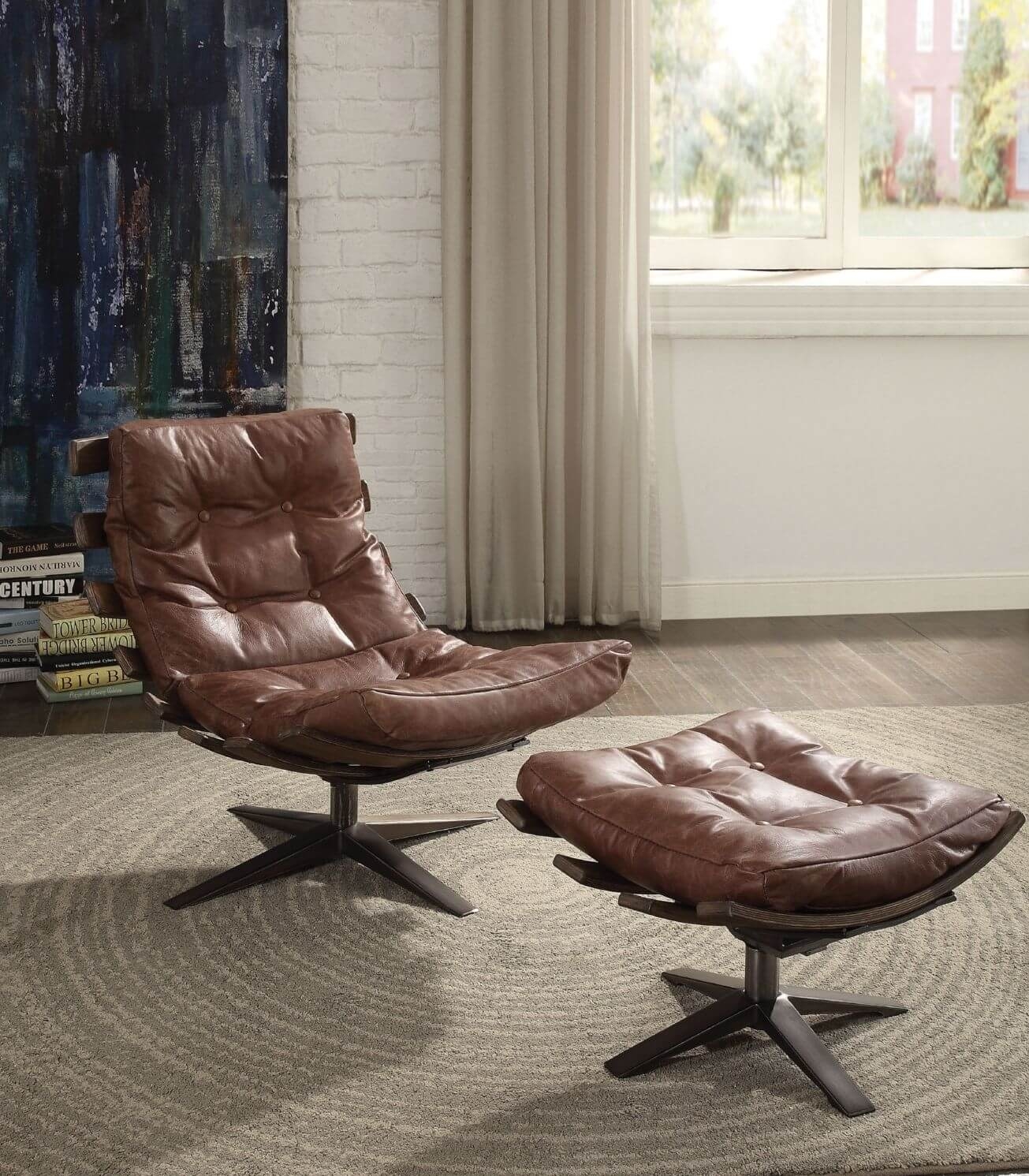 Gandy Top Grain Leather Accent Chair & Ottoman Set