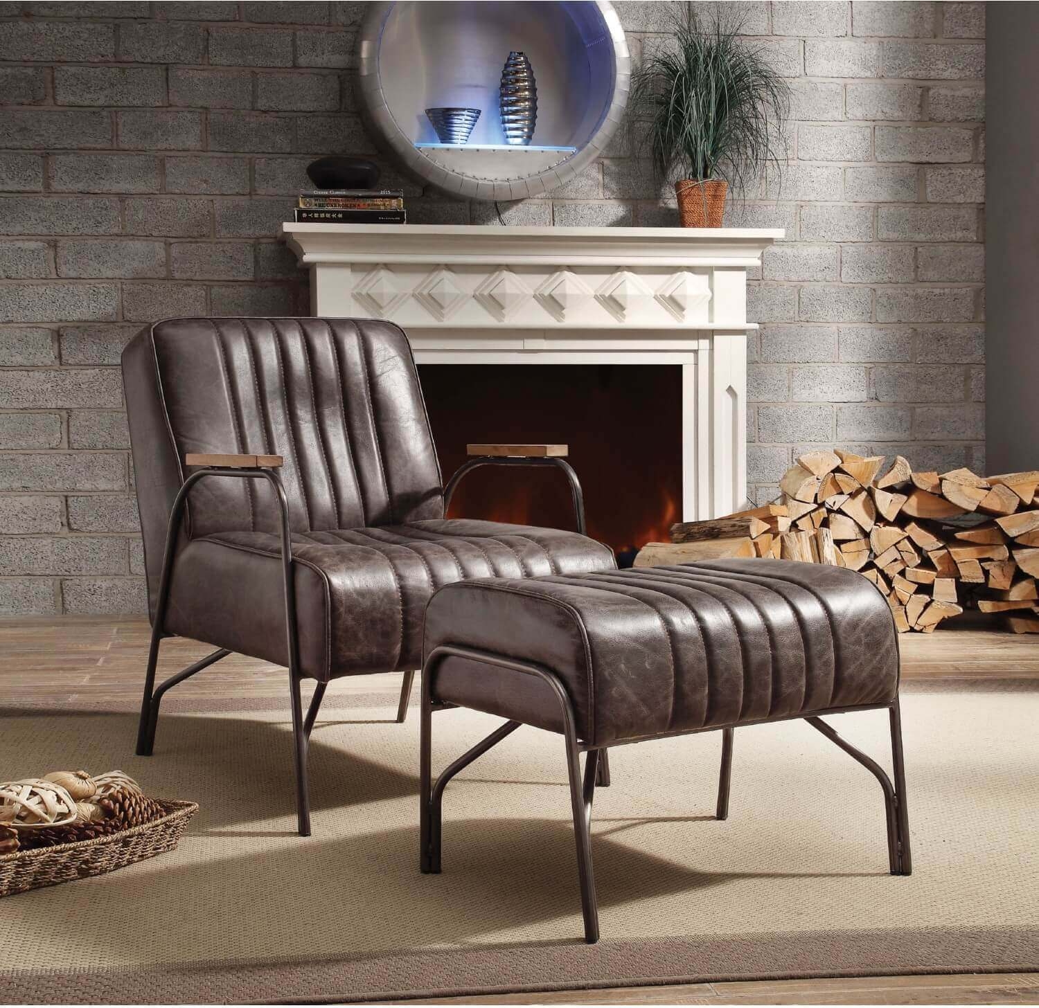 Sarahi Top Grain Leather Accent Chair & Ottoman Set