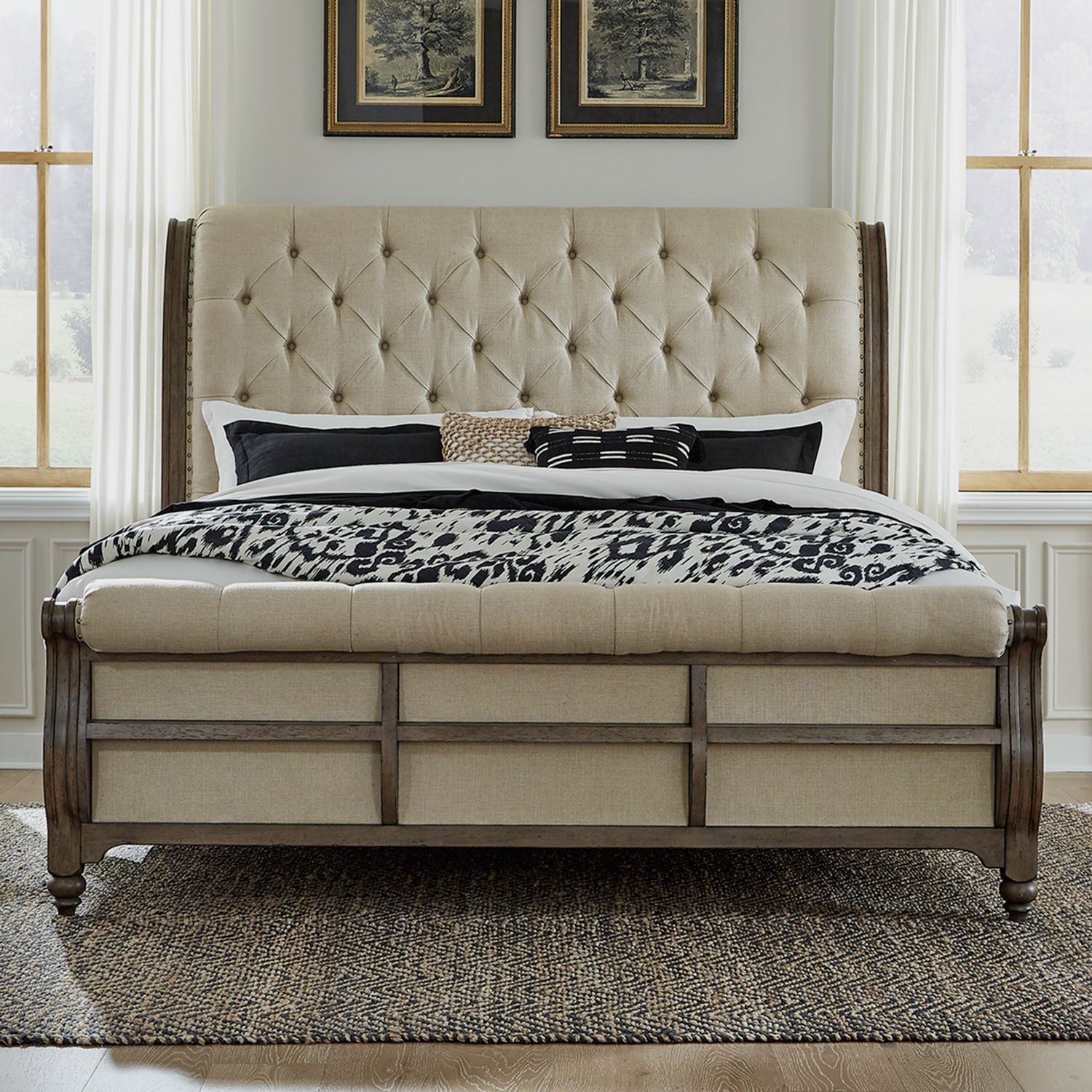 Americana Farmhouse Linen/Wood California King Size Sleigh Bed