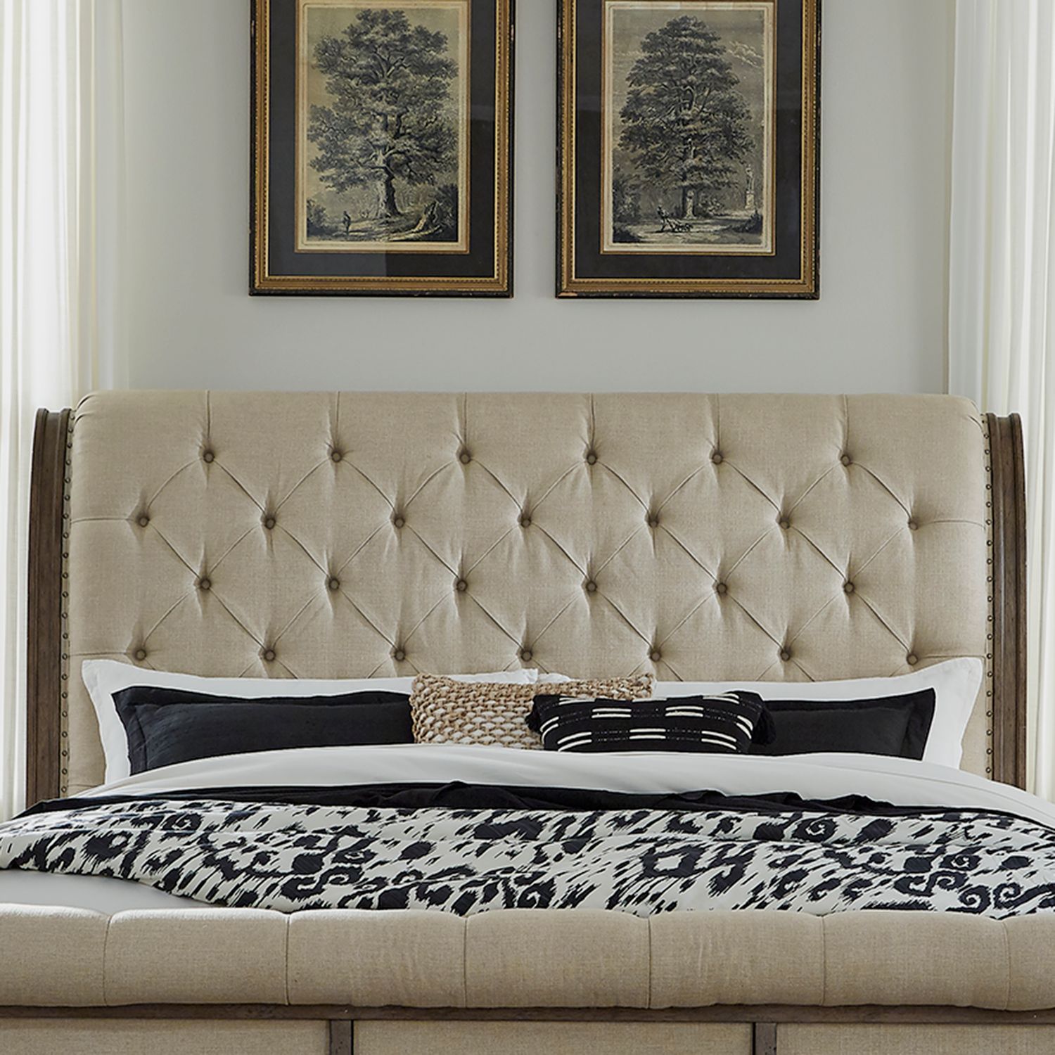 Americana Farmhouse Linen Upholstered Wood Sleigh Bed