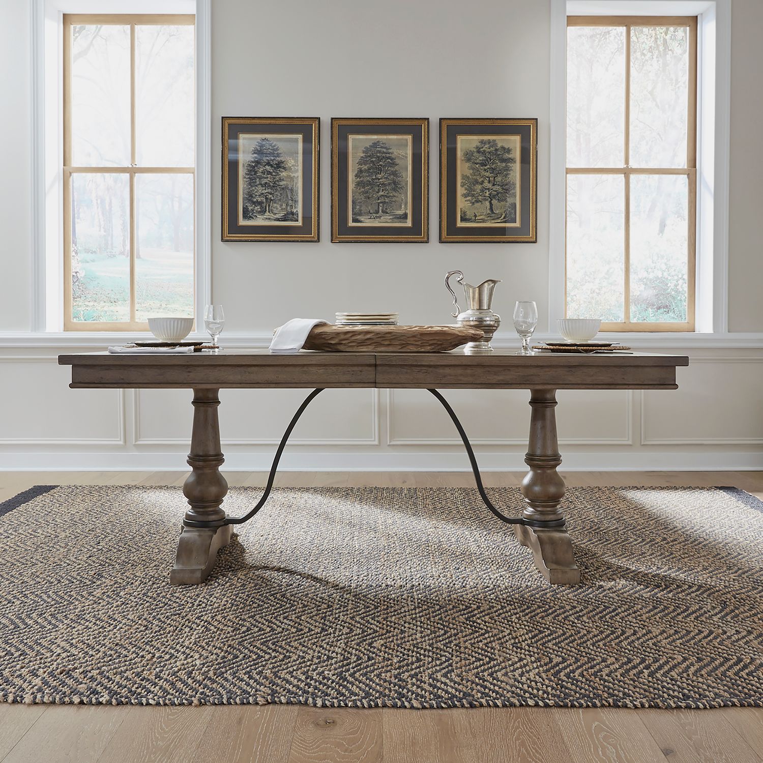 Americana Farmhouse Rectangular Wood Extendable Trestle Dining Table