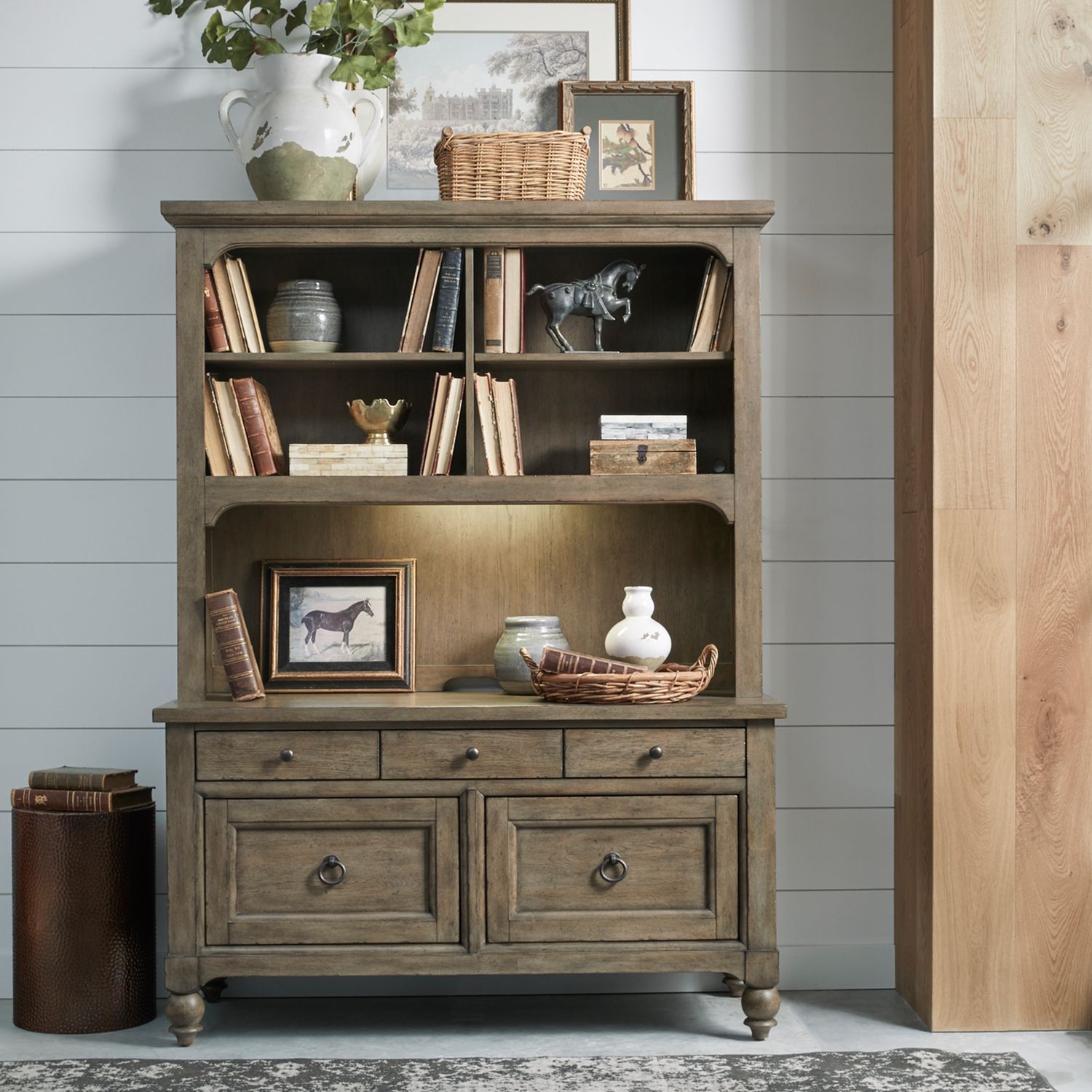 Americana Farmhouse Wood 5-Drawer Credenza & Hutch