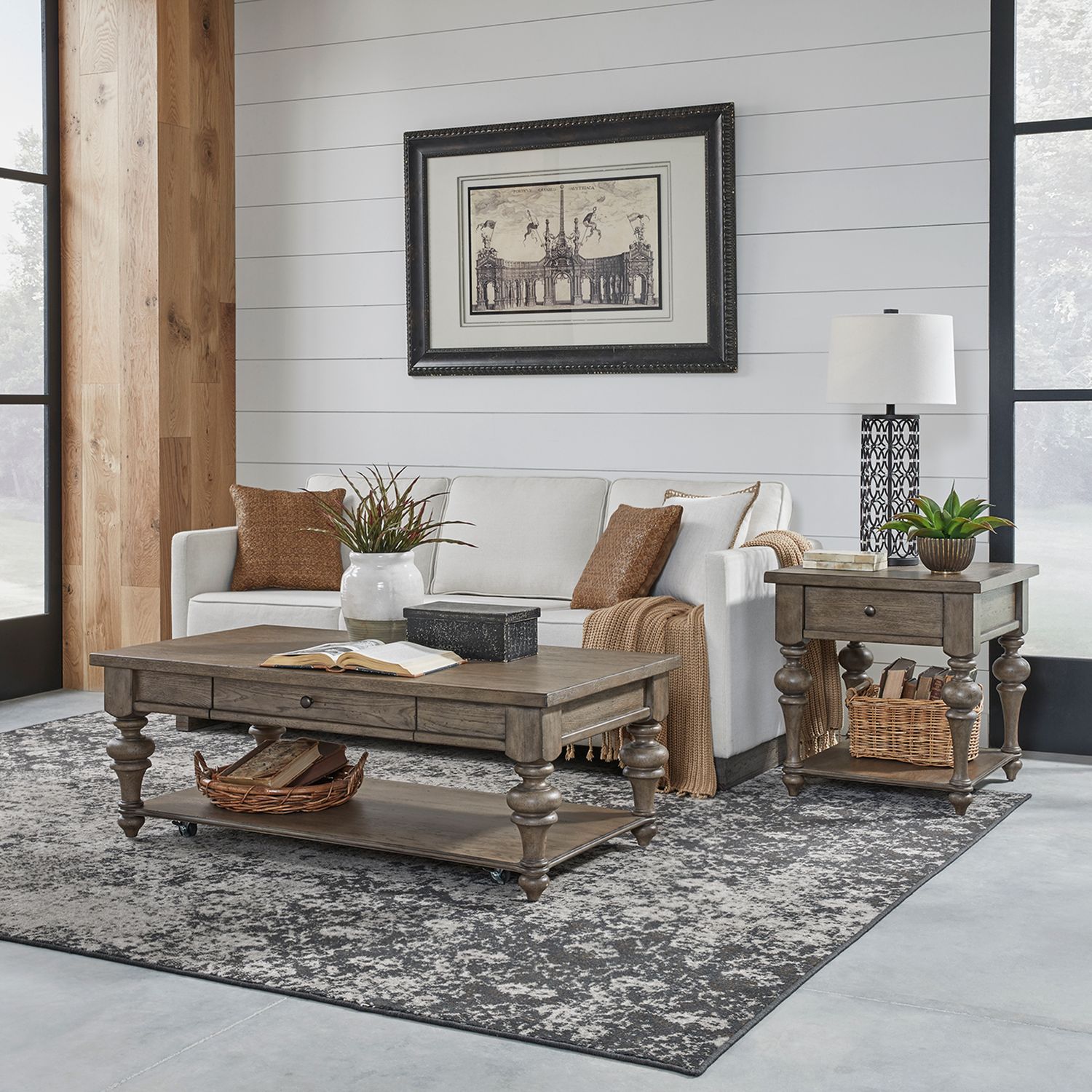 Americana Farmhouse Rectangular Wood 1-Drawer Cocktail Table w/Casters