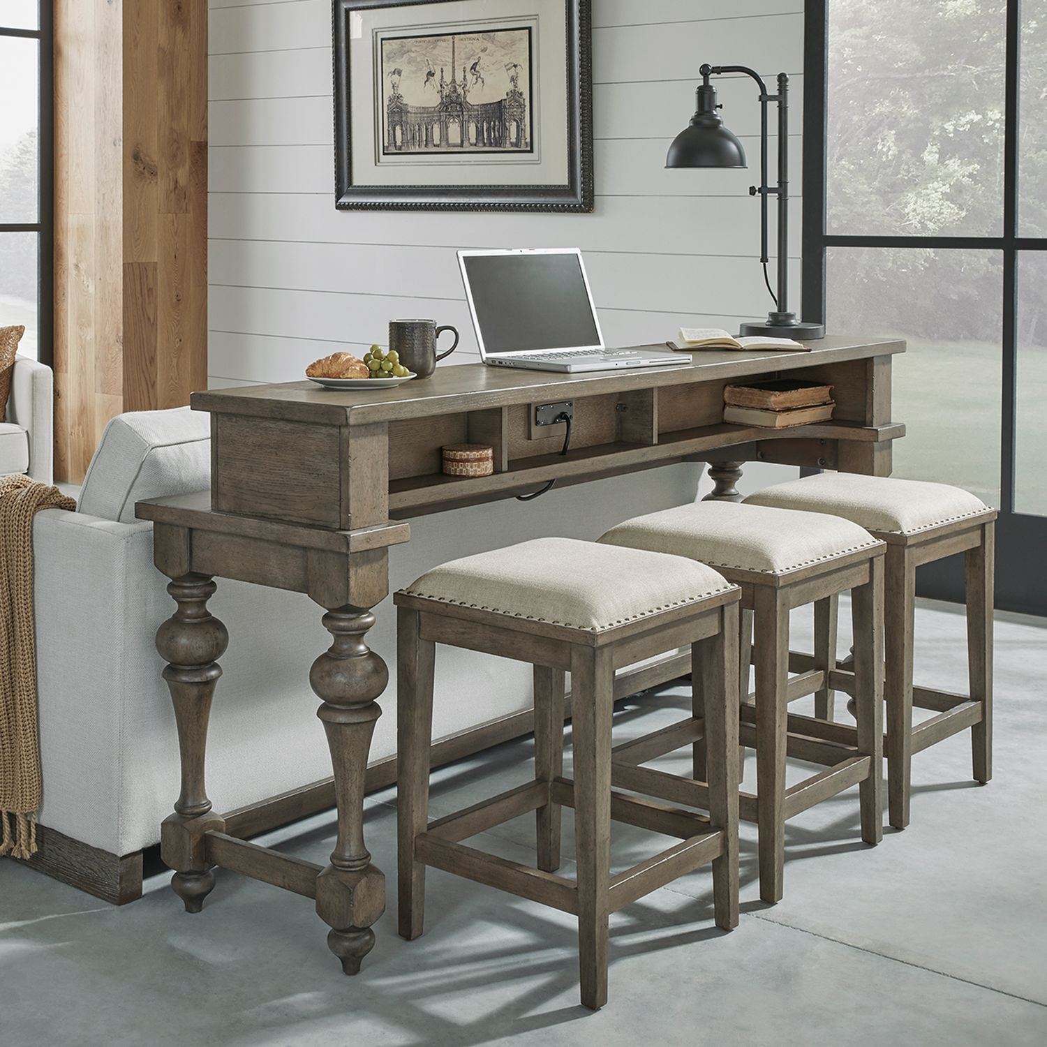 Americana Farmhouse Linen/Wood Console Stool