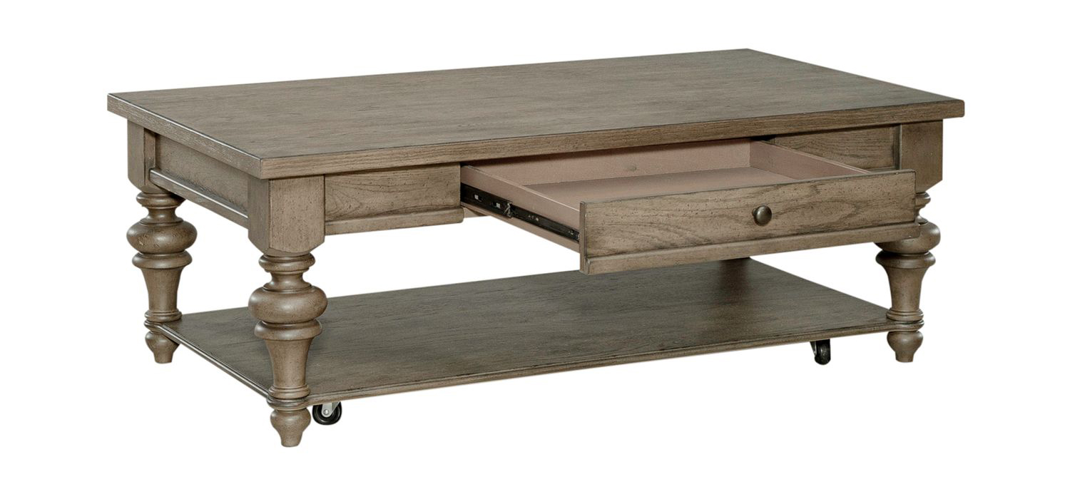 Americana Farmhouse Rectangular Wood 1-Drawer Cocktail Table w/Casters