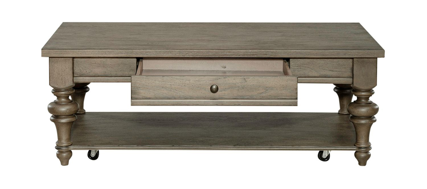 Americana Farmhouse Rectangular Wood 1-Drawer Cocktail Table w/Casters