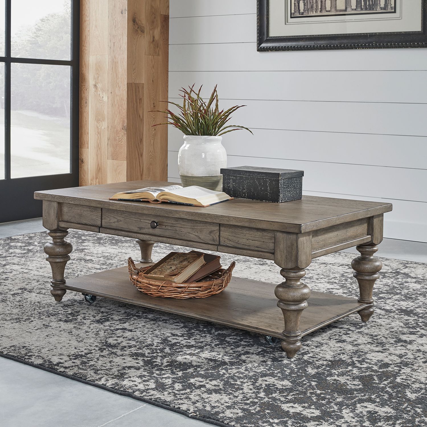 Americana Farmhouse Rectangular Wood 1-Drawer Cocktail Table w/Casters