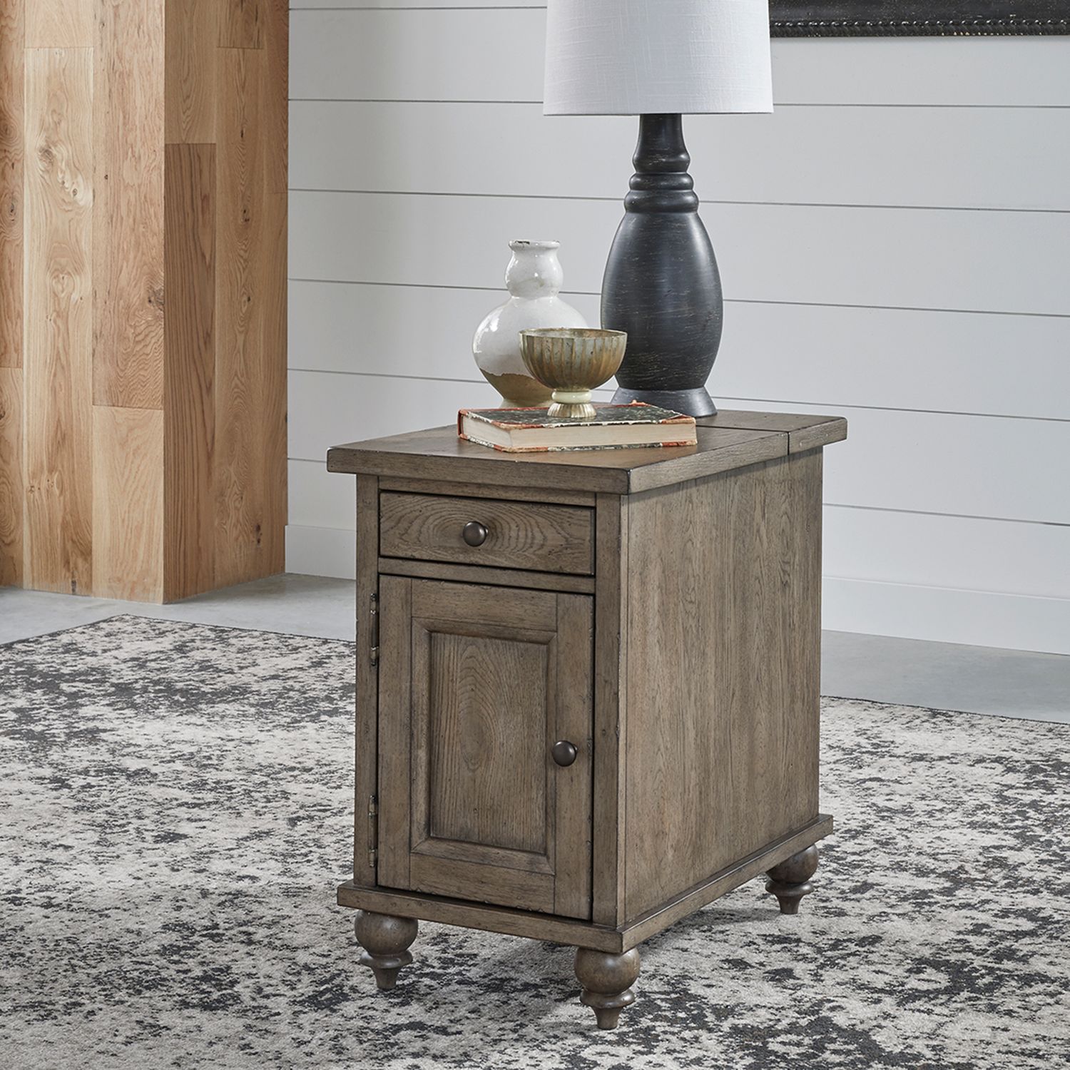 Americana Farmhouse Rectangular Wood 1-Door 1-Drawer Chairside Table w/Charging Station