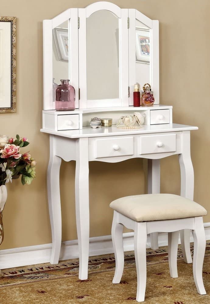 Janelle Wood Storage Vanity Dresser w/4 Drawers, Mirror & Stool