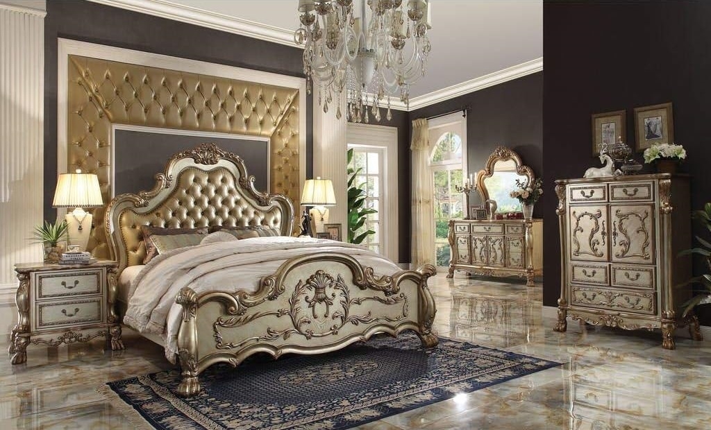 Luxury Bed Room Furniture Bedroom Set Antique Style Palace Princess Bed Bench