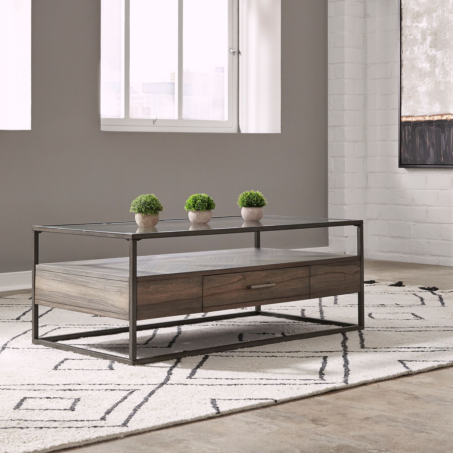 Jamestown Rectangular Glass/Metal/Wood 1-Drawer Cocktail Table