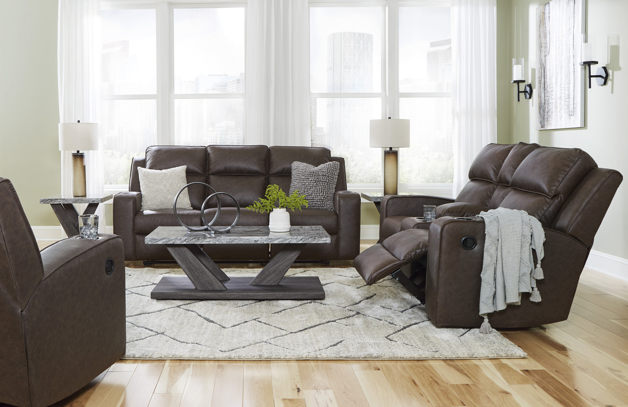 Lavenhorne Faux Leather Reclining Sofa w/Drop Down Table