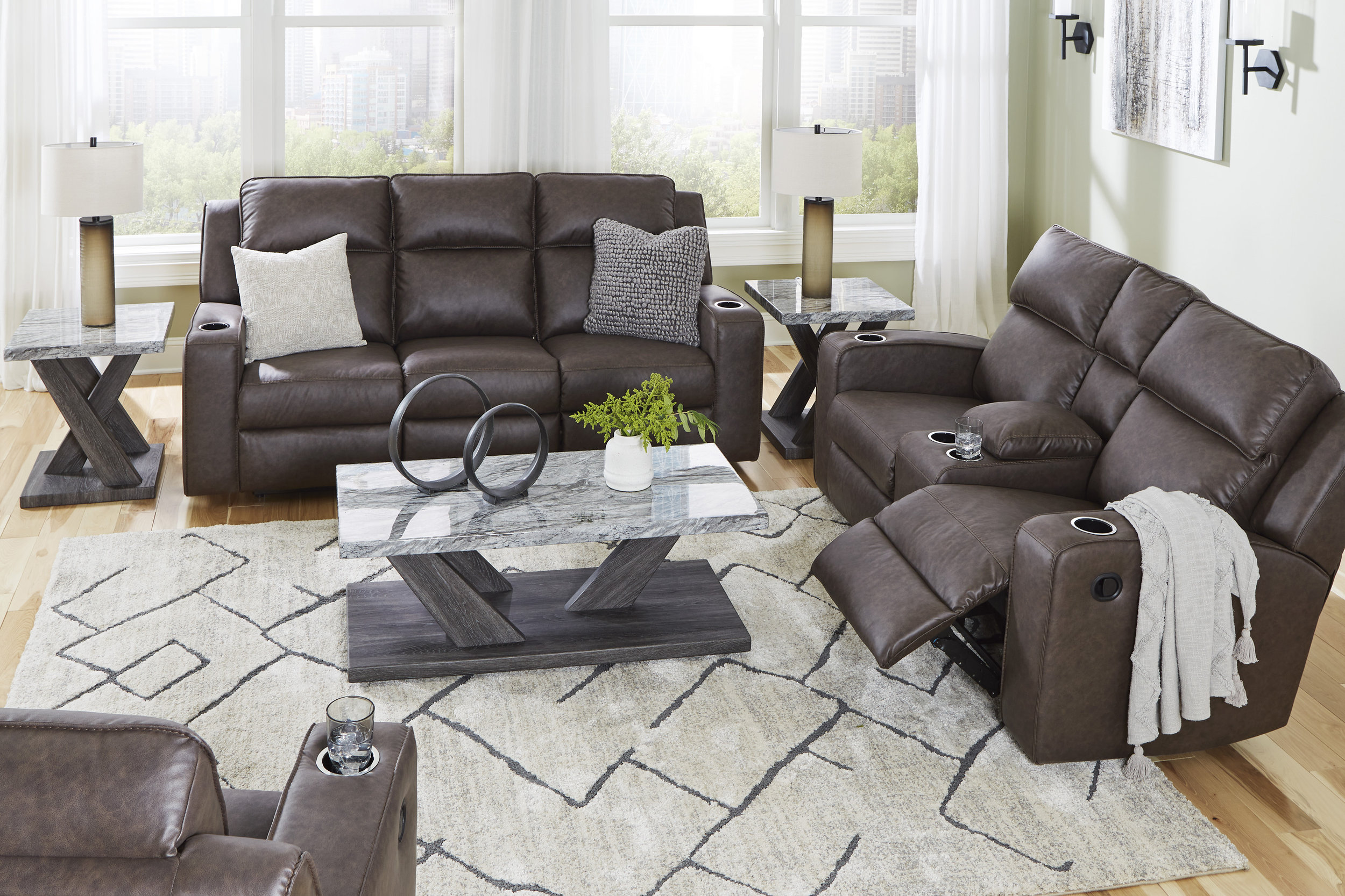 Lavenhorne Faux Leather Reclining Sofa w/Drop Down Table