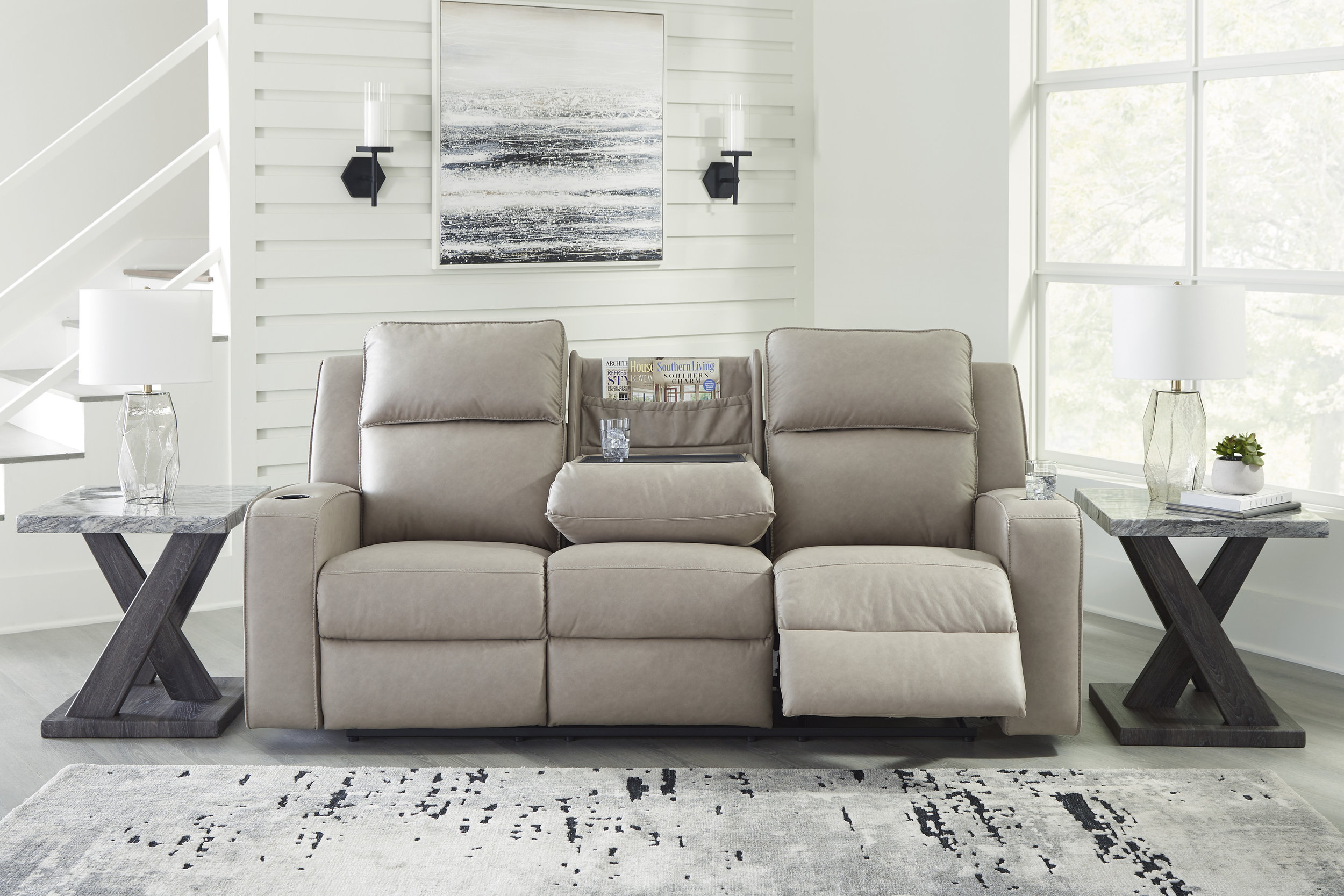 Lavenhorne Faux Leather Reclining Sofa w/Drop Down Table