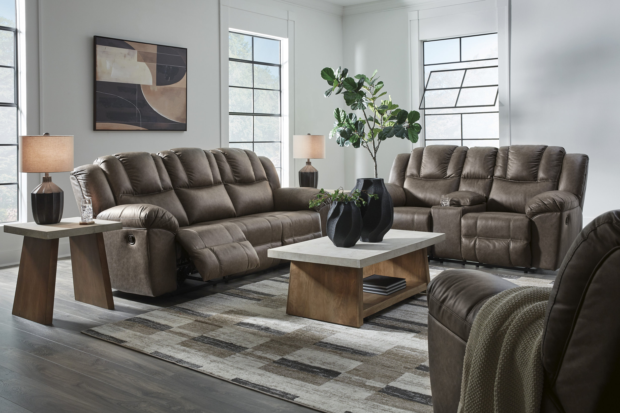 Lowilla Faux Leather Double Reclining Living Room Set with Console