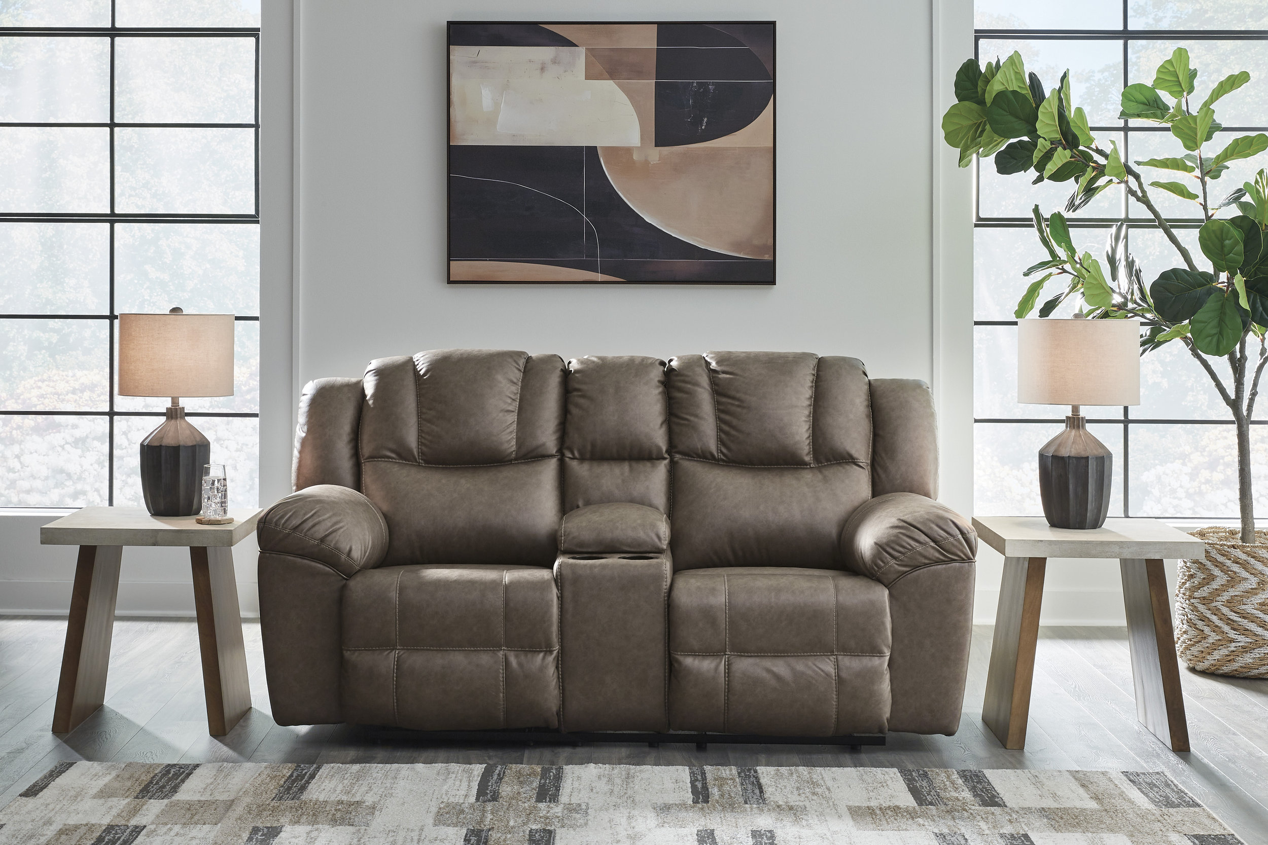 Lowilla Faux Leather Double Reclining Living Room Set with Console