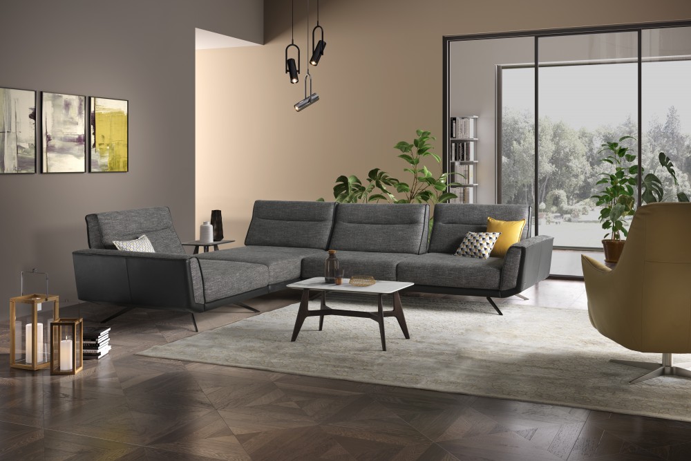 Rotterdam Fabric/Leather L-Shape Sectional Sofa w/ Chaise Lounge