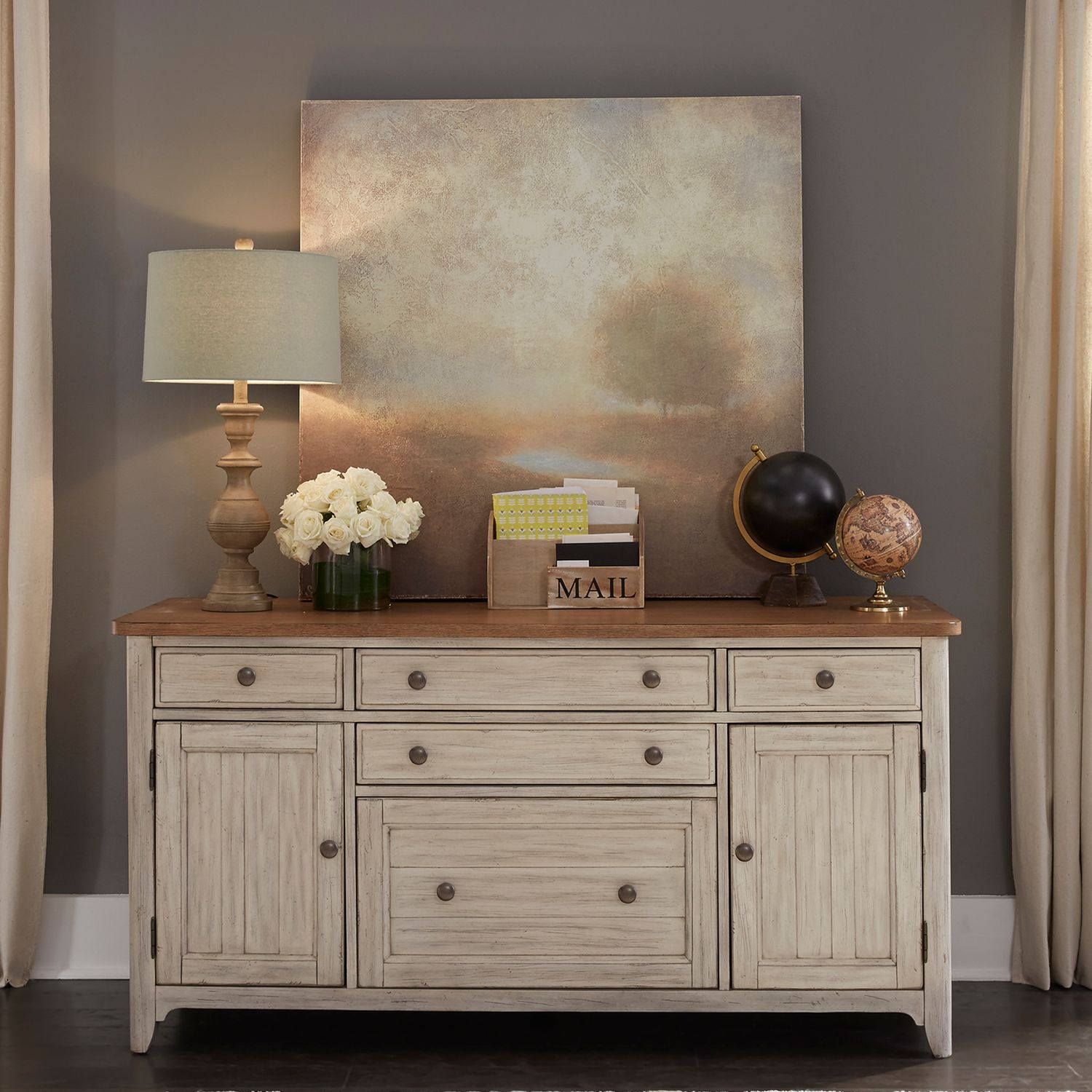 Farmhouse Reimagined Wood 5-Drawer 2-Door Credenza