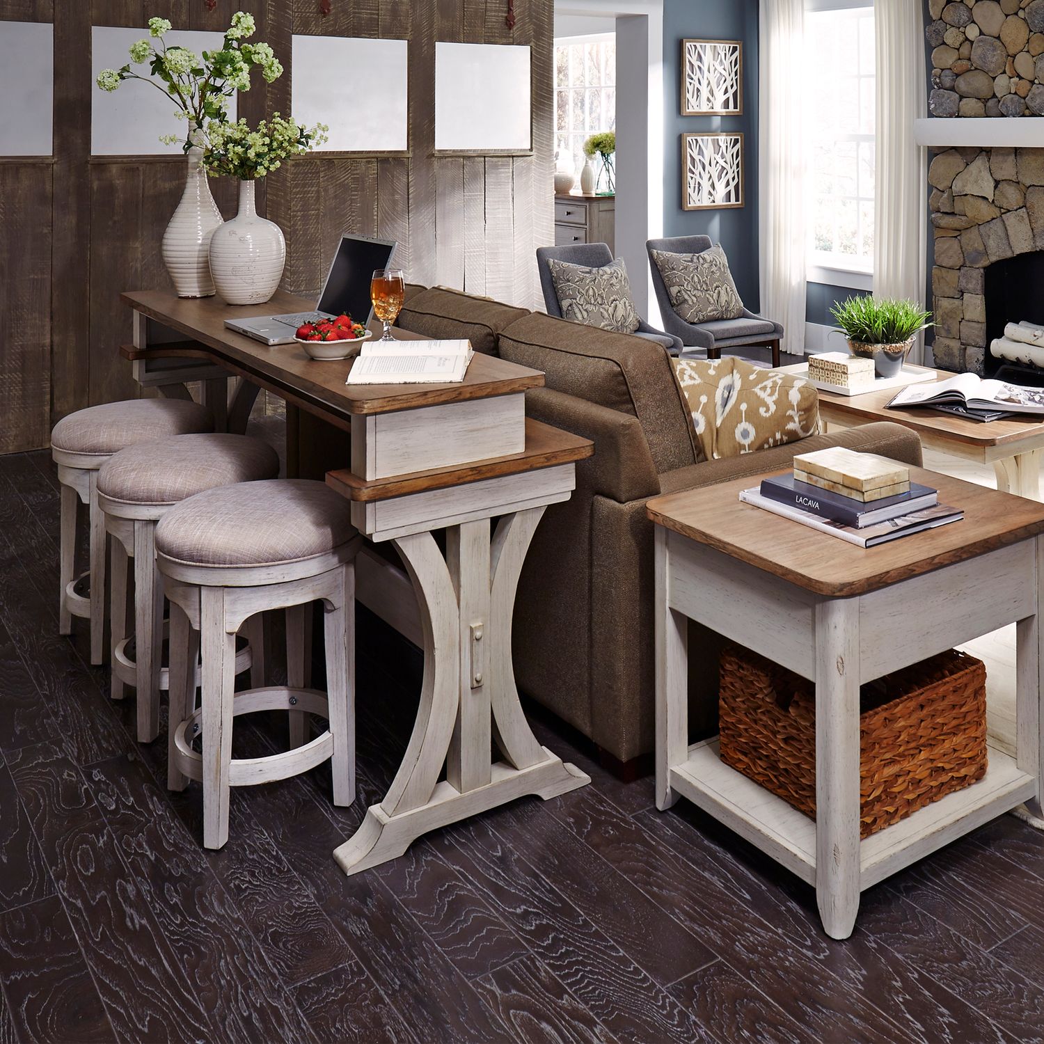 Farmhouse Reimagined Rectangular Wood Console Bar Table w/Charging Station