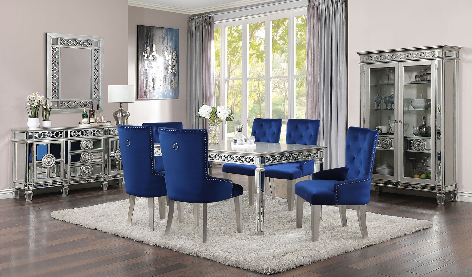Varian 90" Wood/Mirror Rectangular Dining Room Set