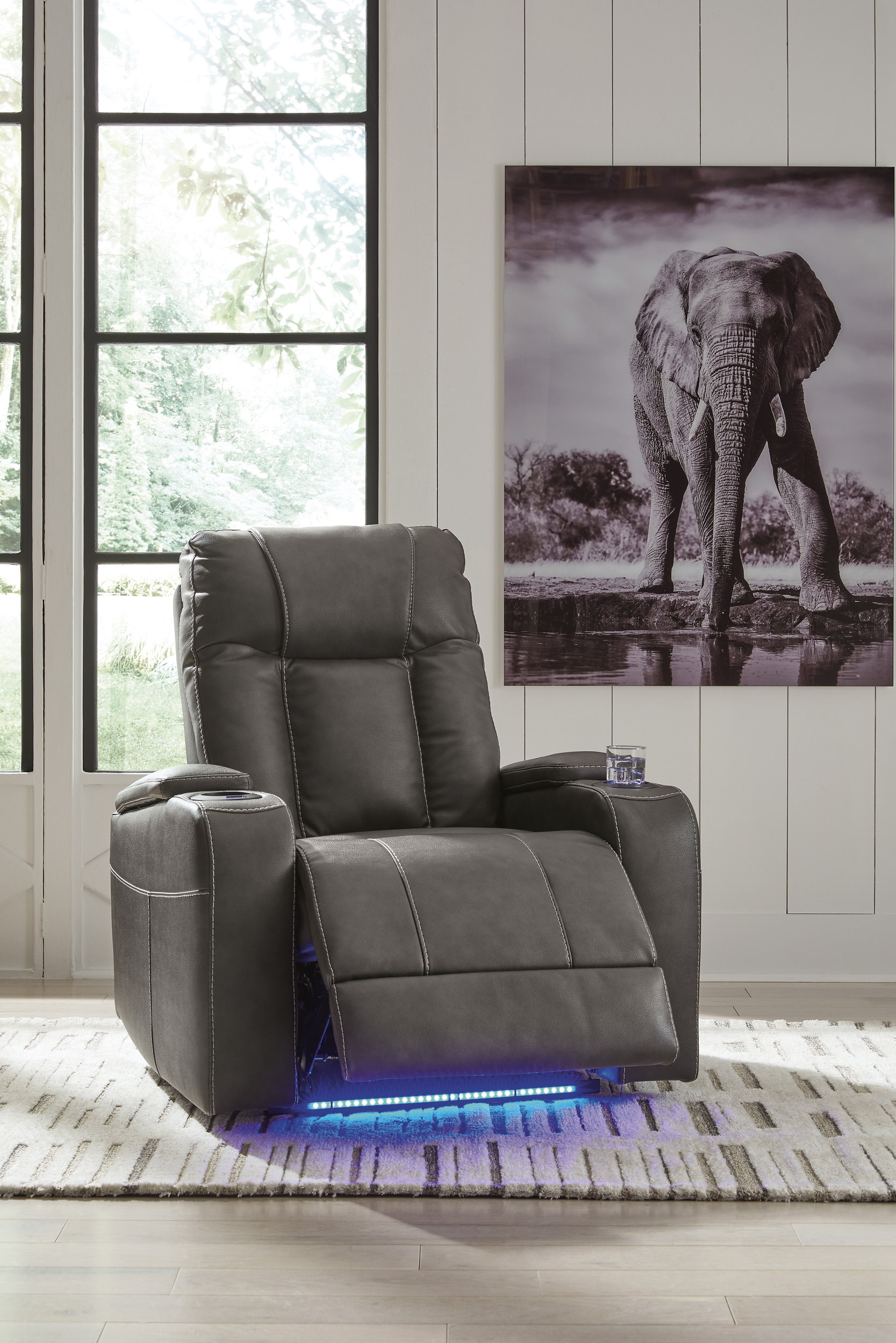 Feazada Faux Leather Power Recliner w/Adjustable Headrest & Lighting