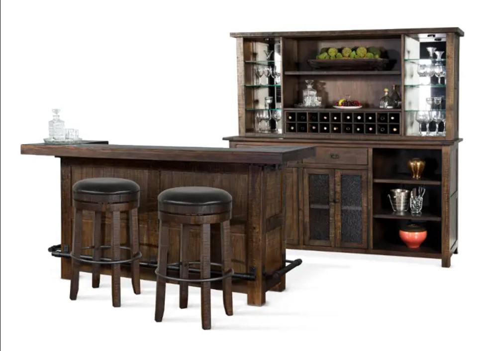 SM Homestead Wood Buffet & Hutch w/4 Doors, 2 Drawers, 20 Wine Bottle Storage & LED Light