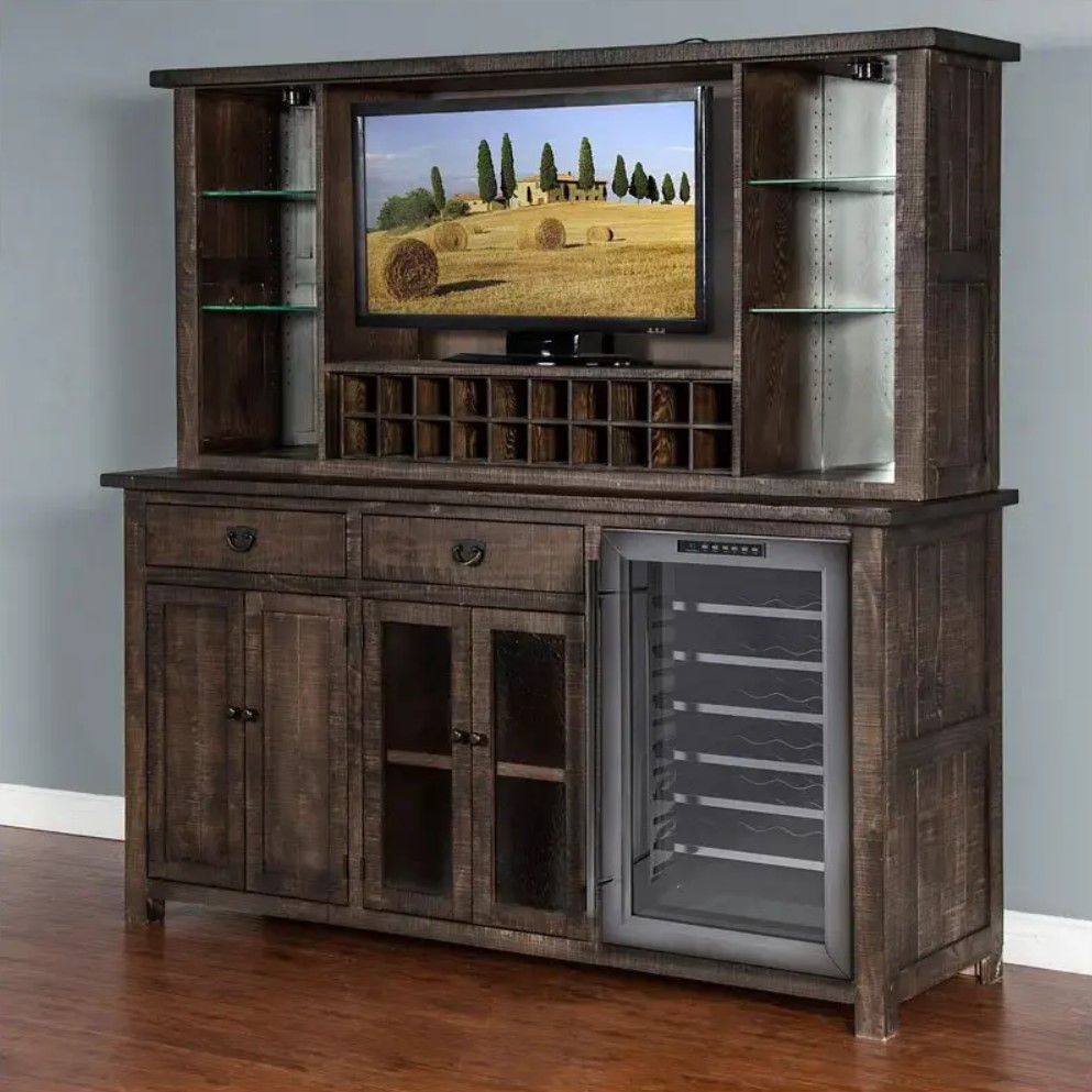 SM Homestead Wood Buffet & Hutch w/4 Doors, 2 Drawers, 20 Wine Bottle Storage & LED Light