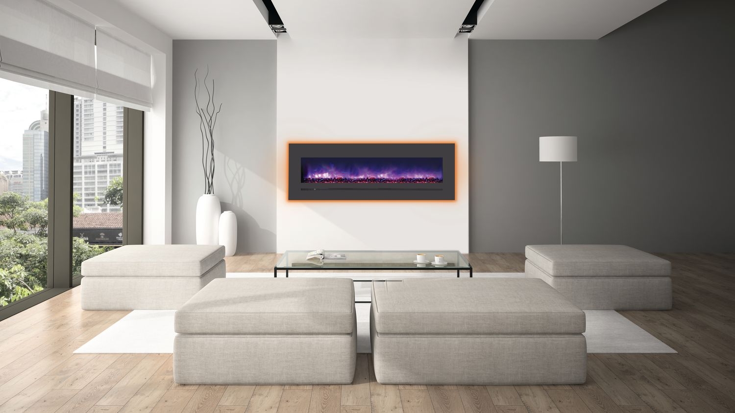 LINEAR Wall Mount/Flush Mount Electric Fireplace w/ Steel Surround & Clear Media