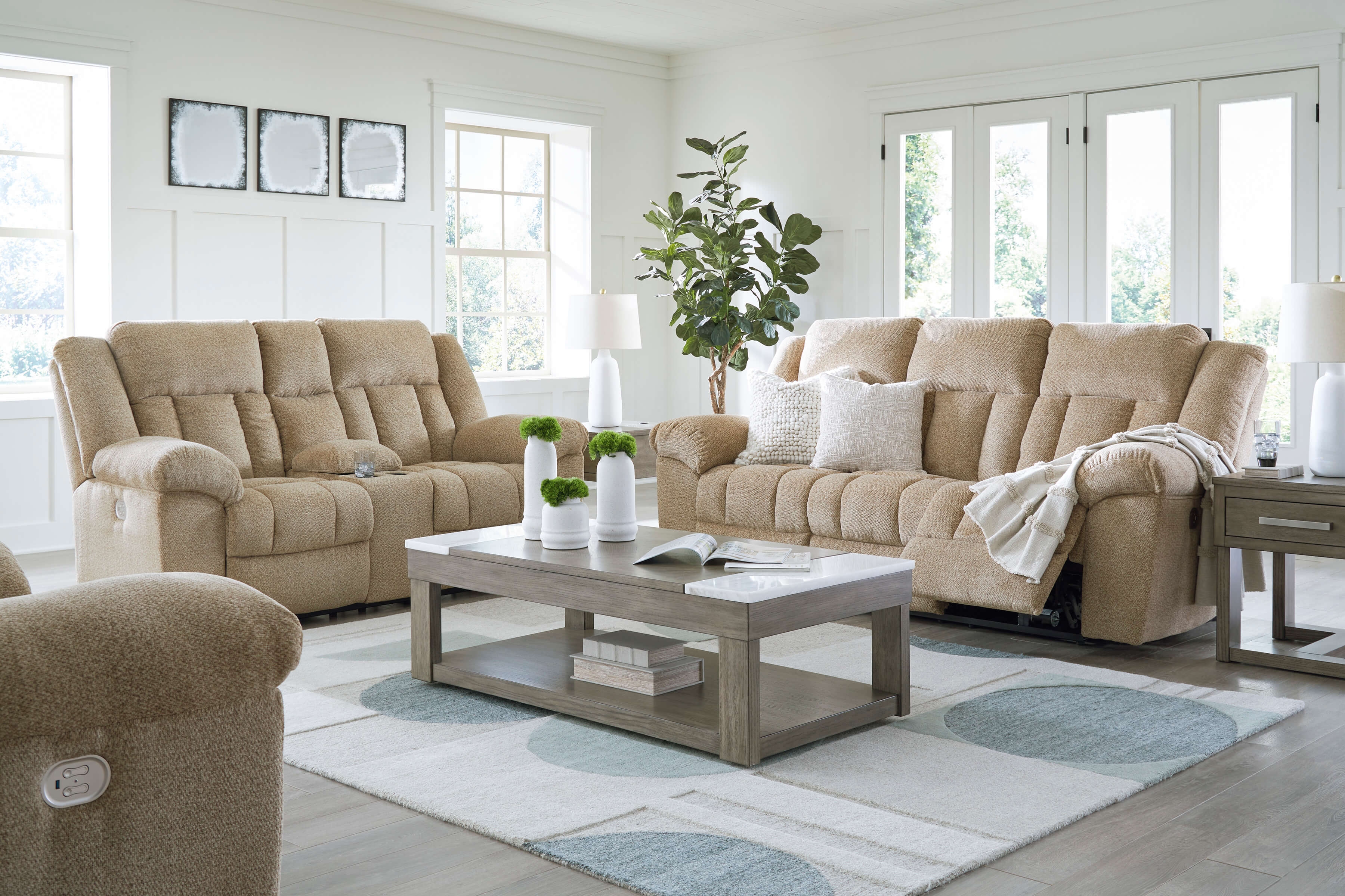 Ashley Tip-Off Power Reclining Living Room Set - wheat