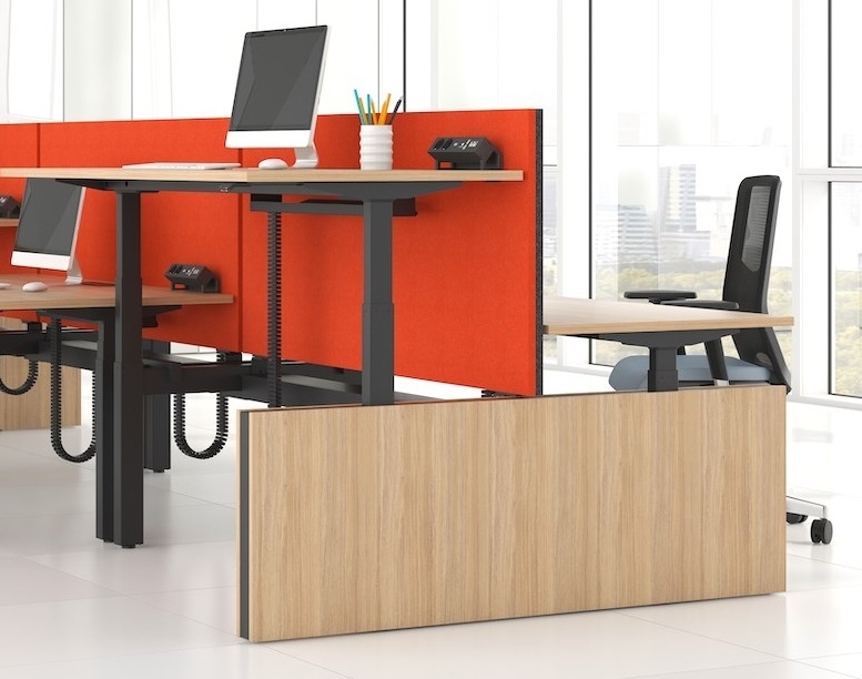 Motion 62.9" Electric 3 Columns Adjustable Office 2-Desk Bench w/One Open Metal Leg
