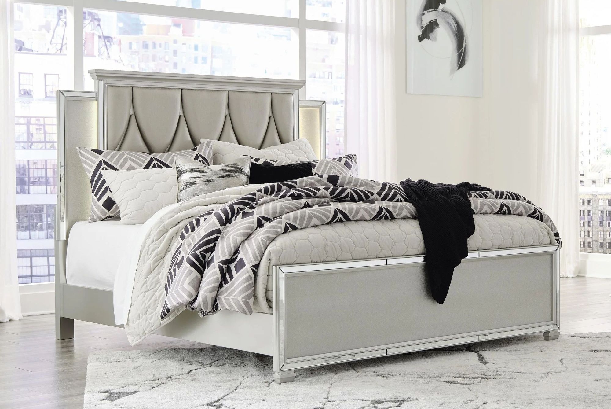 Ashley SM Lindenfield Polyester Upholstered Panel Bedroom Set with LED Backlight