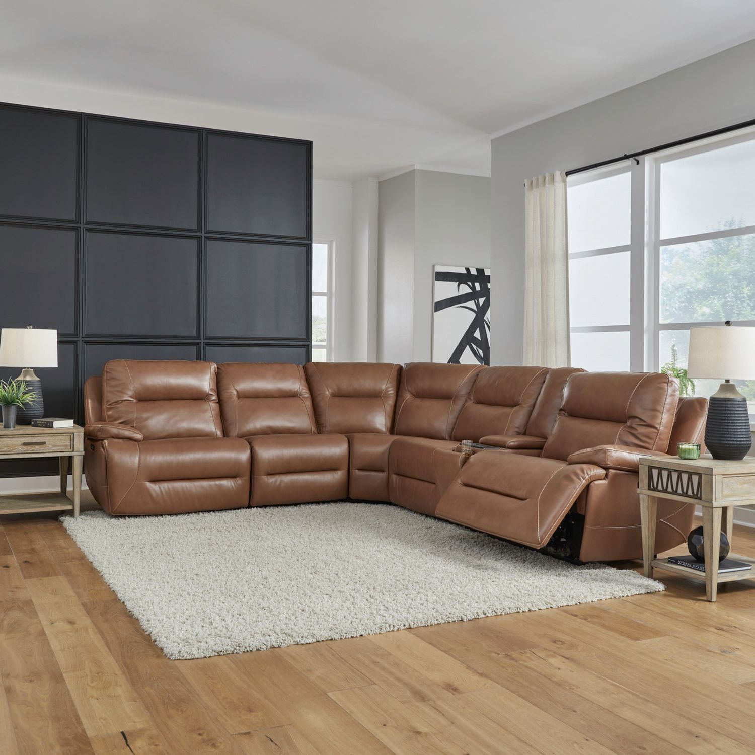 Cameron Leather Power Reclining Living Room Set | Charcoal